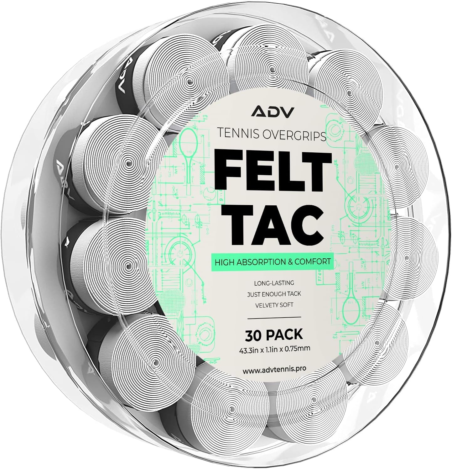 ADV Dry Tennis Overgrip Tape - 3, 6, 12, 30, 60 Pack - Felttac Tennis Racket Grip Tape - Ultra Absorbent Tennis Grip Tape - Comfort Tennis Racket Grips - Tennis Grips Overgrip