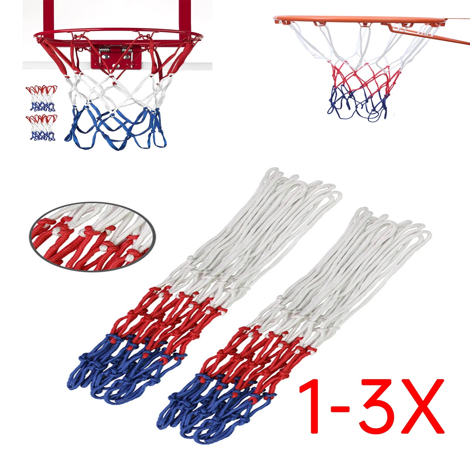 1-3X Standard Basketball Net Durable Polypropylene Fiber Outdoor Sports Basketball Tri-Color Basketball Net Mesh Replacement