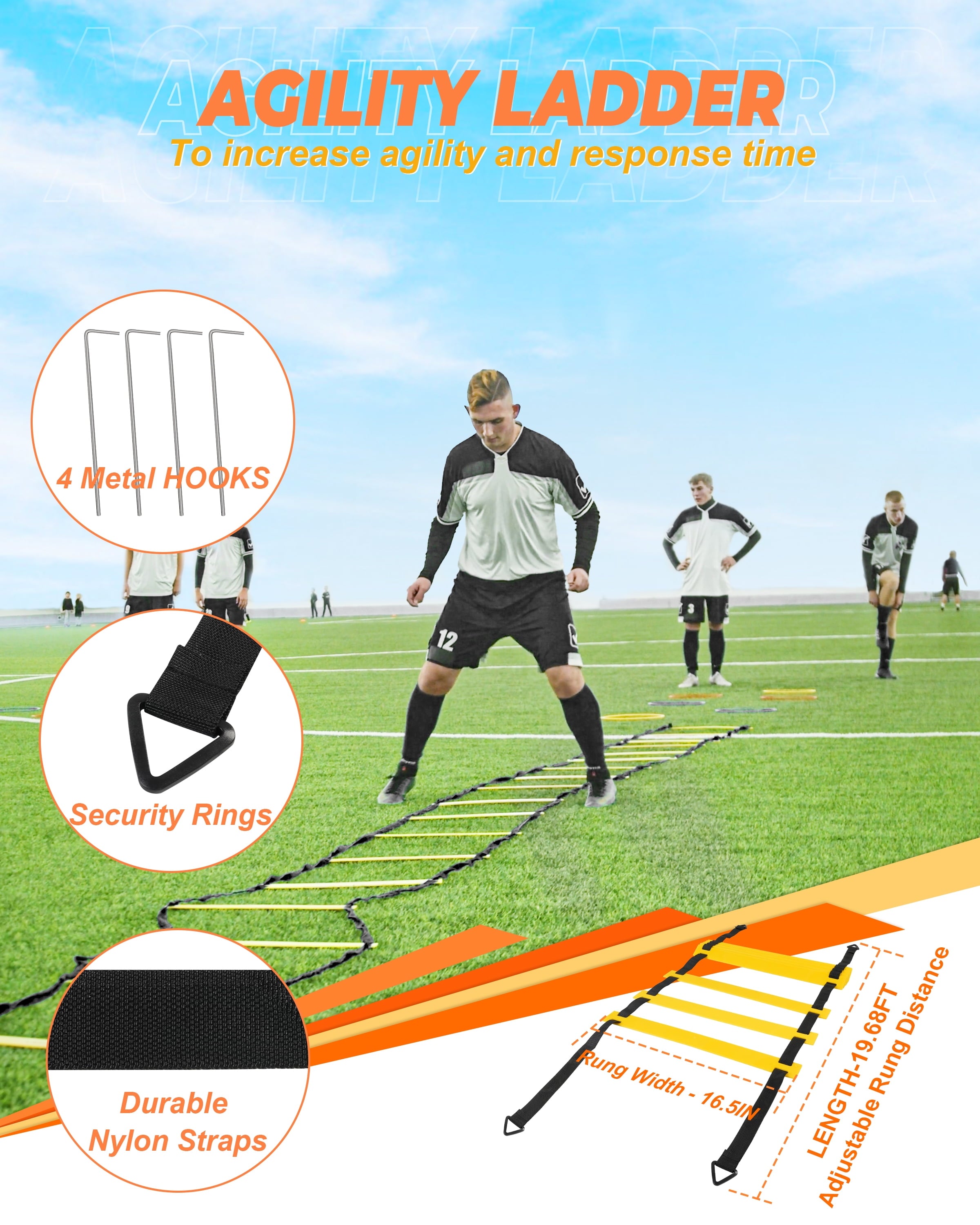 DF Speed and Agility Training Set, Agility Training Equipment for Kids with 20Ft Sports Agility Ladders, Cones, Agility Hurdles, Resistance Parachute, Jump Rope for Basketball, Soccer