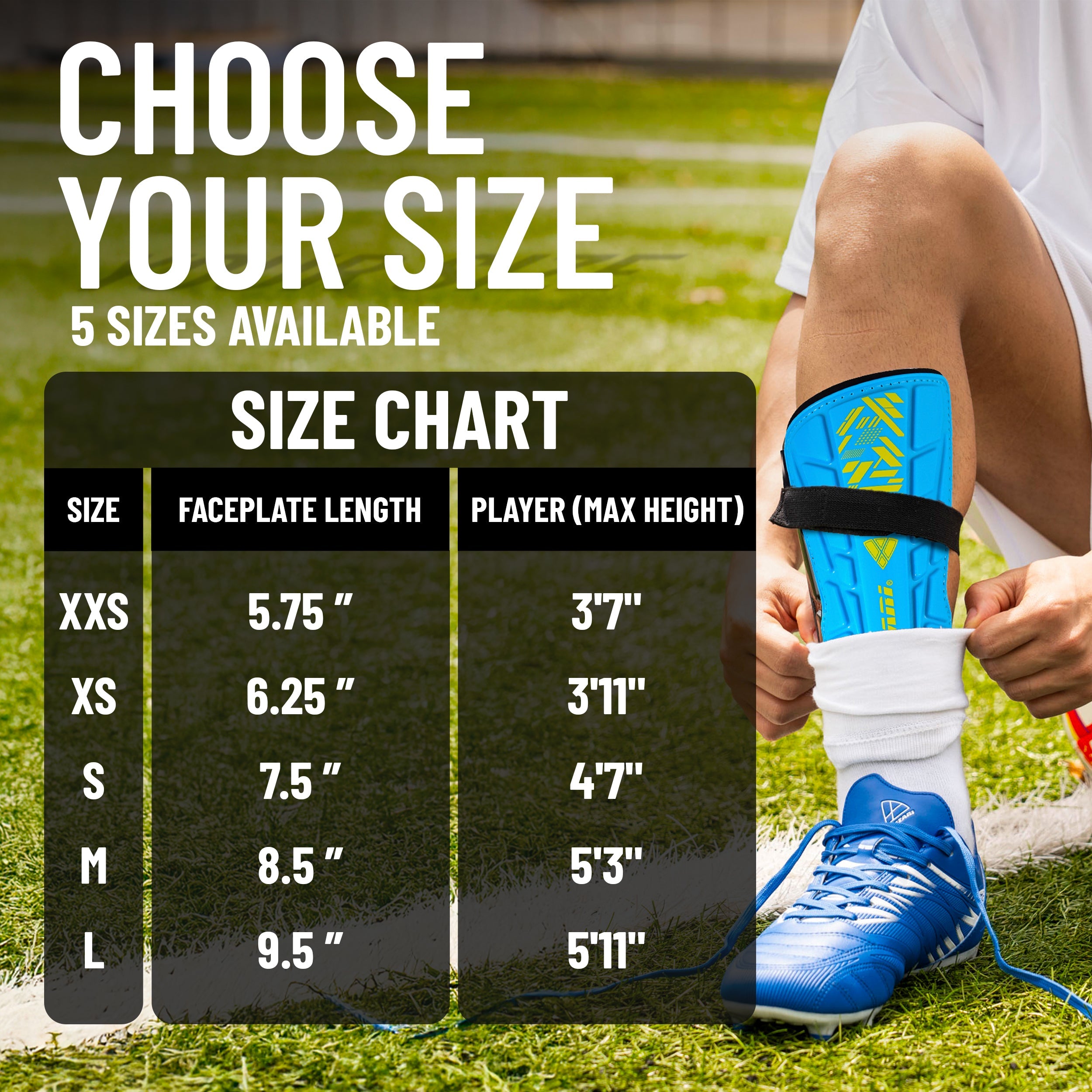 Malaga Shin Guards with Ankle Protection for Kids, Youth, and Adults | Lightweight Soccer Pads for Boys and Girls Ages 3+ - SKY/YELLOW, L