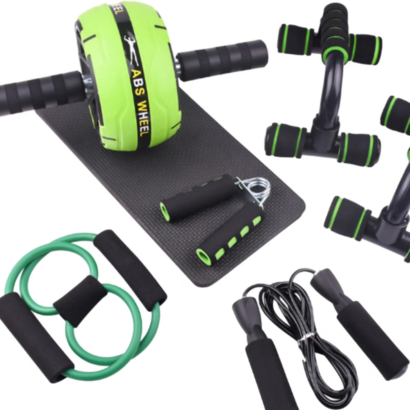 Abs Roller Wheel Indoor Fitness Equipment Set Home Gym Workout Chest Expander Green
