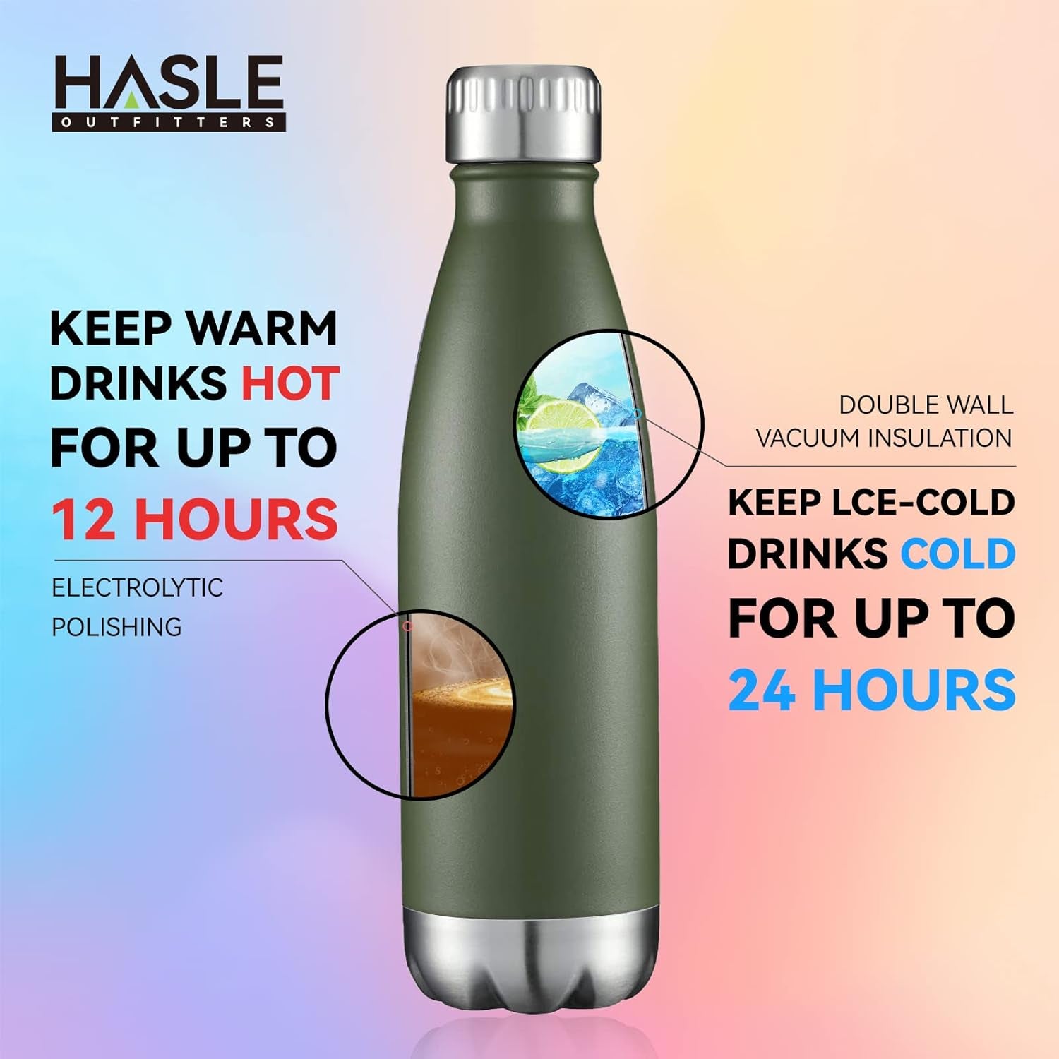 17Oz Stainless Steel Water Bottles, Vacuum Insulated Double Walled Powder Coated Reusable Metal Sports Water Bottles Keep Drinks Hot and Cold, Armygreen, 1Pack
