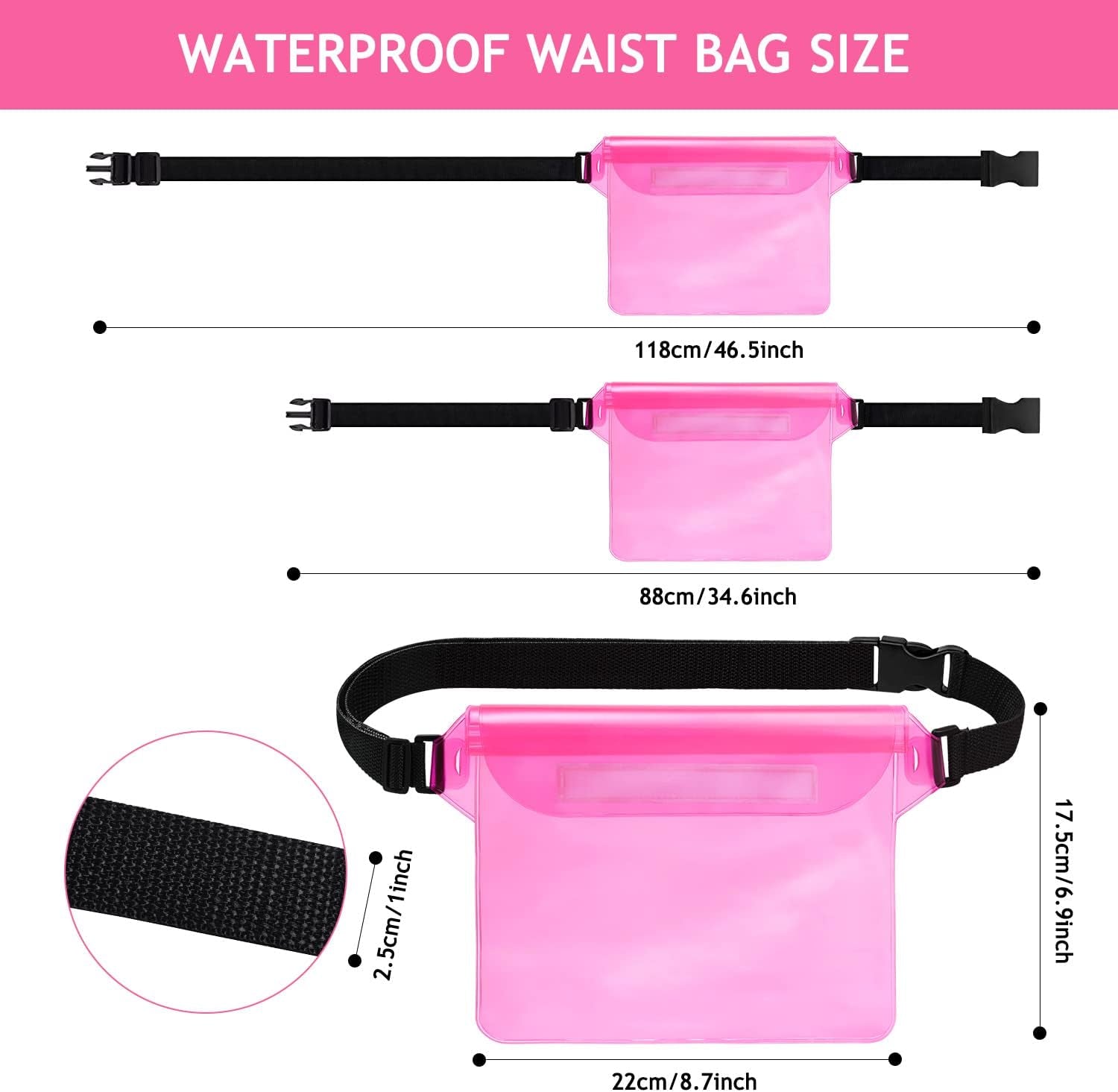 Waterproof Pouch with Waist Strap, Waterproof Fanny Pack Keep Phone Valuables Safe and Dry Beach Accessories for Vacation Boating Swimming Snorkeling Kayaking Pool(2 Pack,Blue+Pink)