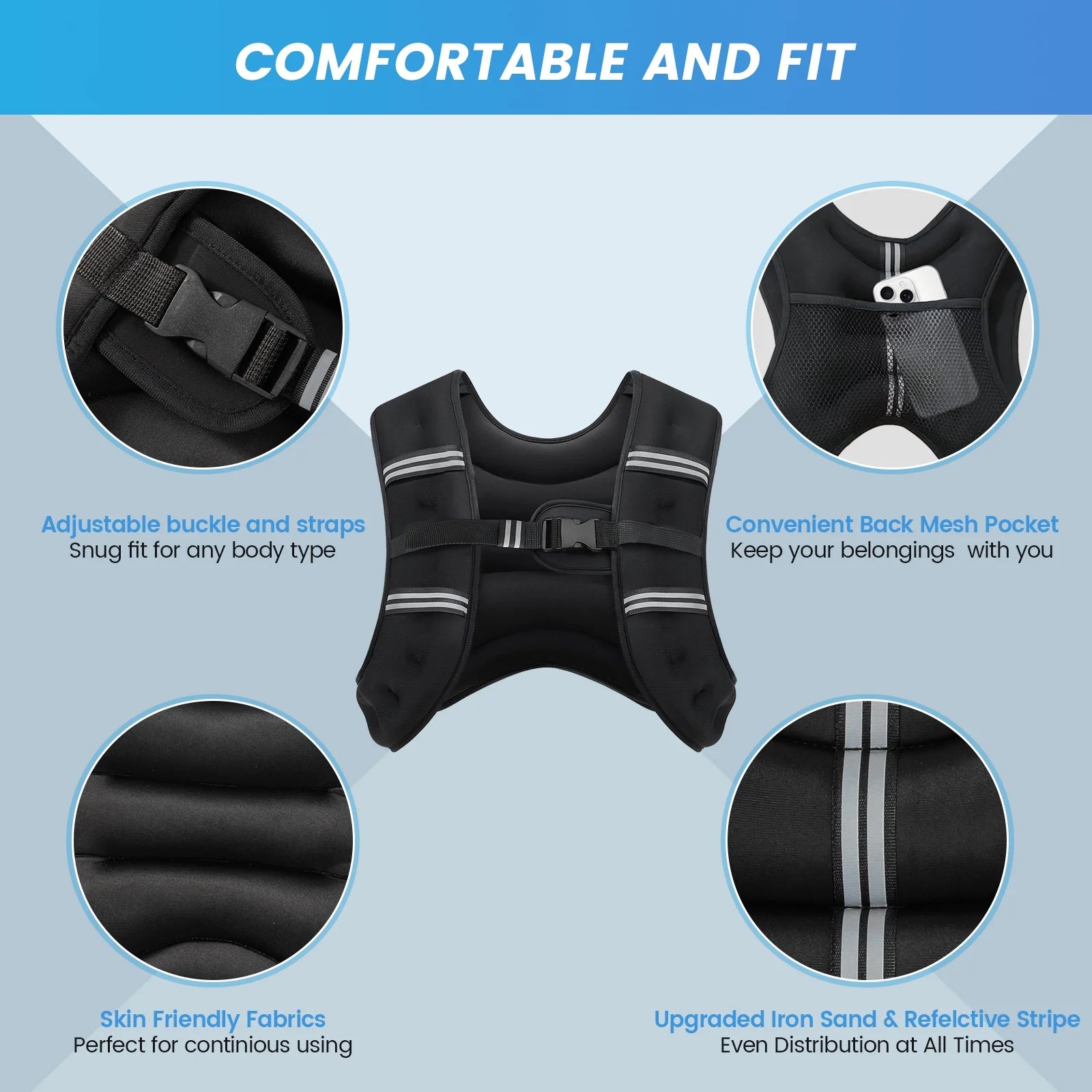 Weighted Vest 8 Lb Weight Vest for Woman Men Sport Weighted Vest with Reflective Stripe Adjustable Buckle Straps Back Black Mesh Pocket for Strength Training Running
