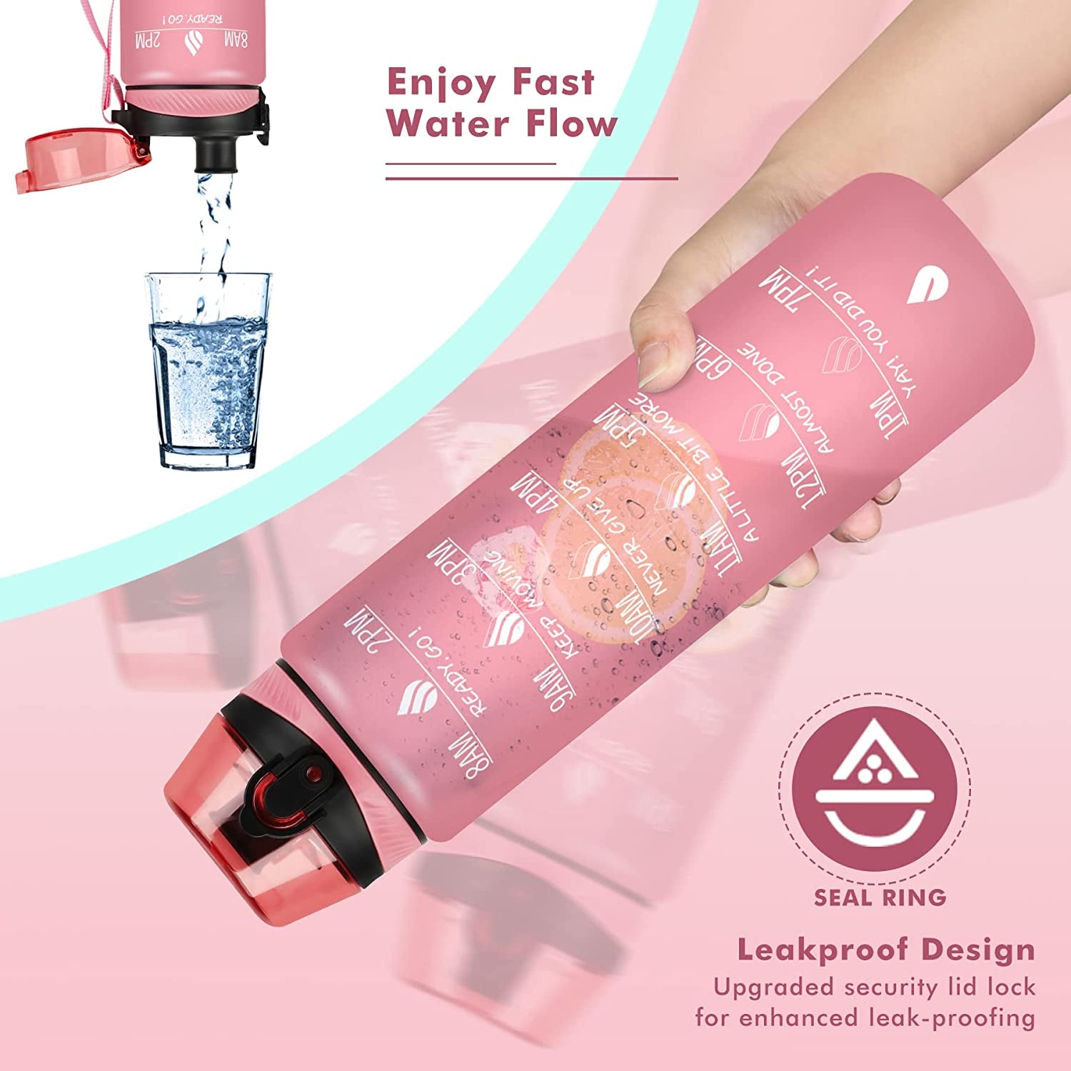 32Oz Motivational Water Bottle with Times to Drink,Time Marker & Removable Strainer,Fast Flow,Leakproof Tritan BPA Free Non-Toxic Water Jug for Fitness,Gym,Sports…