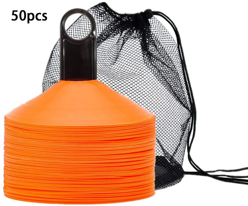 Set of 50 Agility Soccer Cones with Carry Bag Logo Disc and Holder for Training Football Kids Sports Field Cone Markers