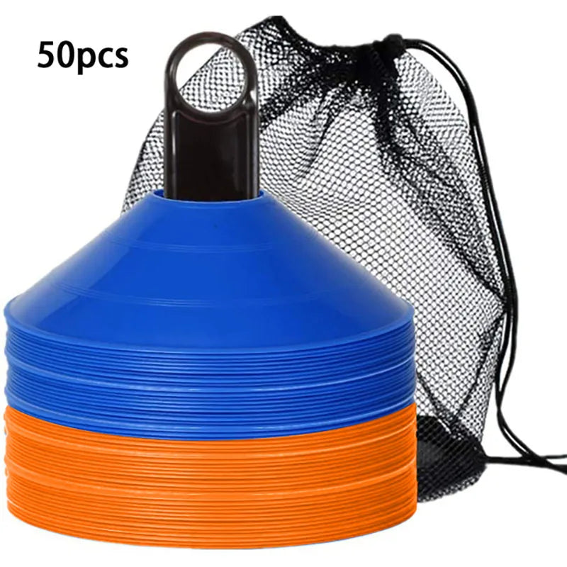 Set of 50 Agility Soccer Cones with Carry Bag Logo Disc and Holder for Training Football Kids Sports Field Cone Markers