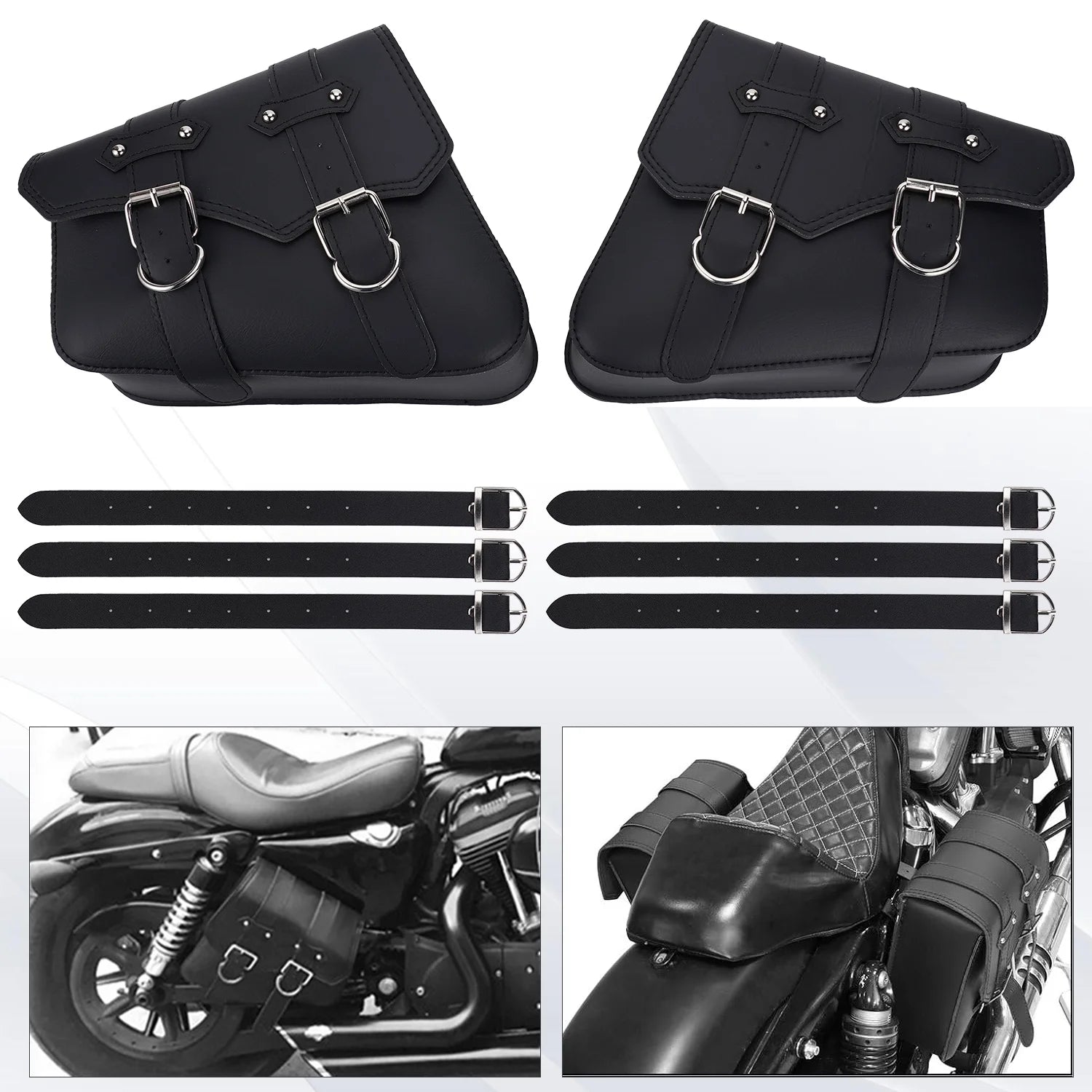 Leather Motorcycle Saddlebags Large Quick-Easy Universal Fit Throw over Saddle Bags Cruiser Biker Side Bags, Black, 1 Pair