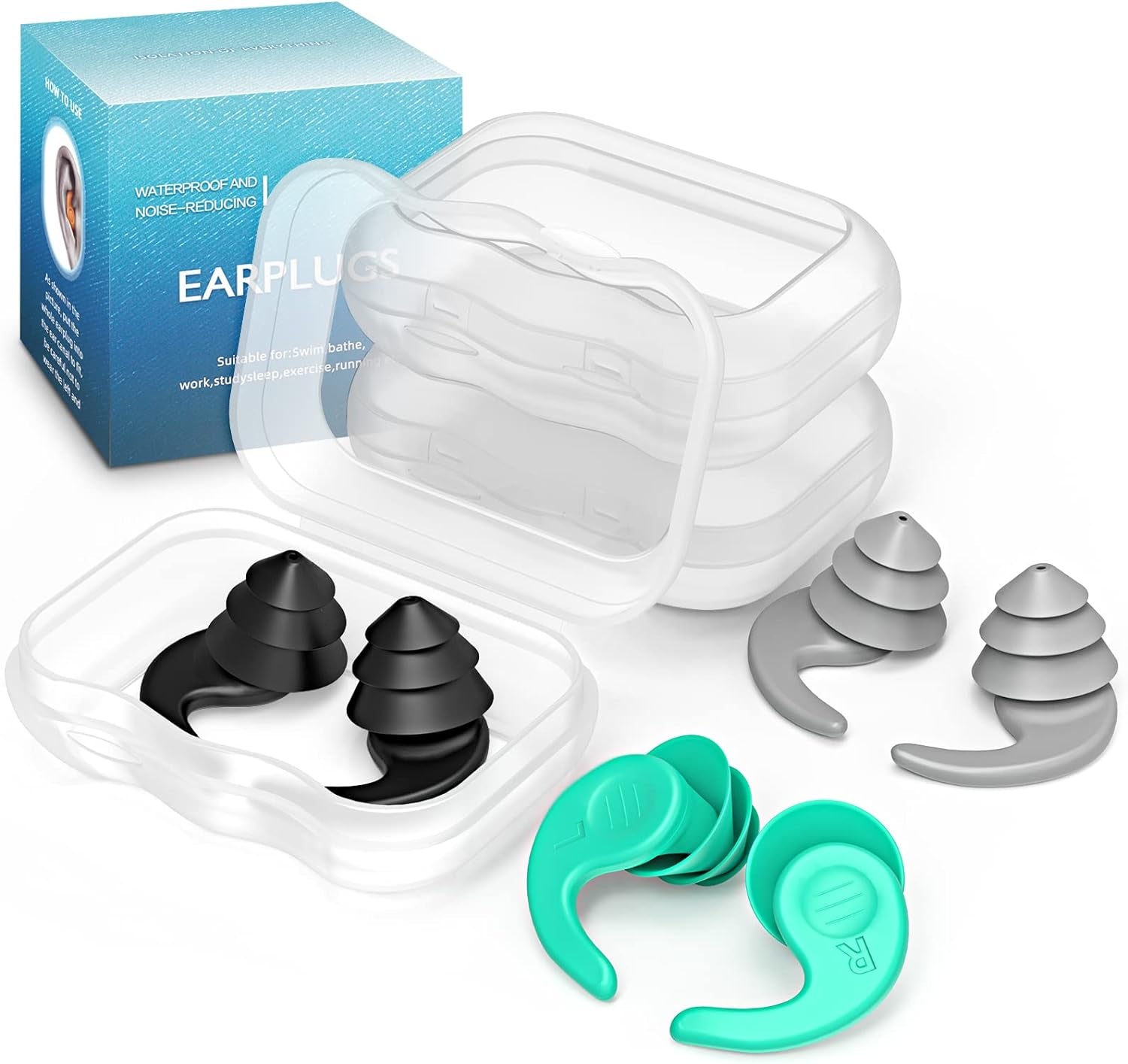 Swimming Ear Plugs for Adults,3 Pairs Waterproof Reusable Silicone Swim Earplugs