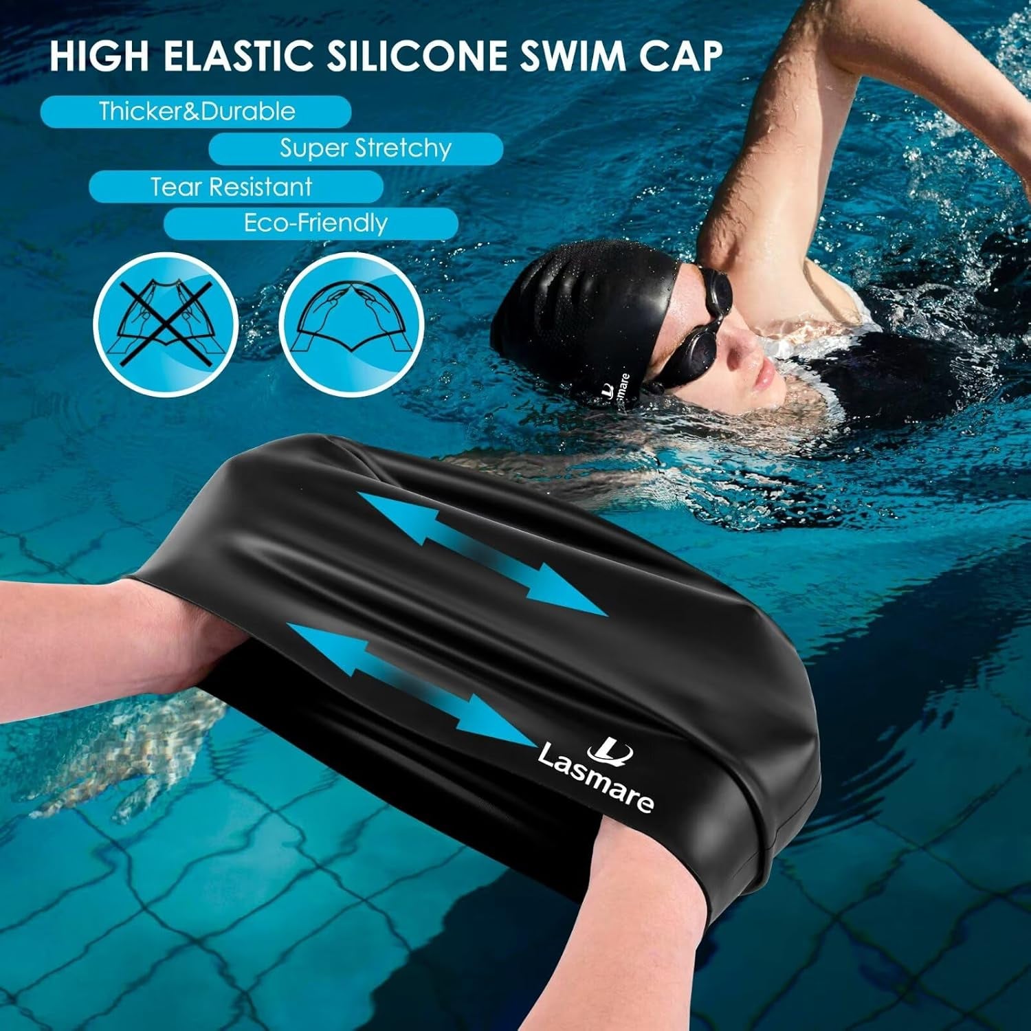 Large Long Hair Swim Cap with Extra Room for Women Men, Silicone Swimming Cap Fo