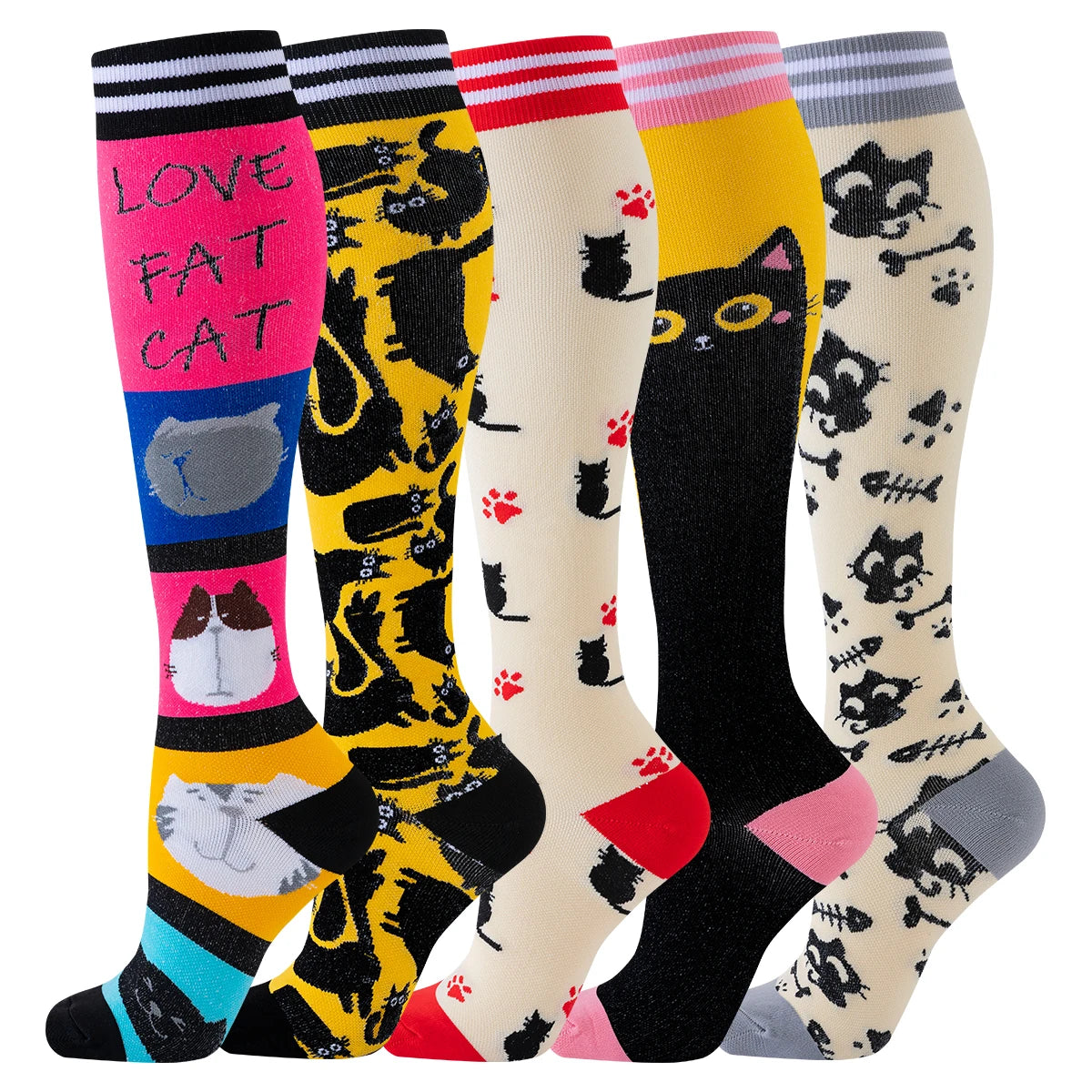 5 Pairs Cat Compression Socks Nurse Compression Socks Sport Knee High Compression Stocking