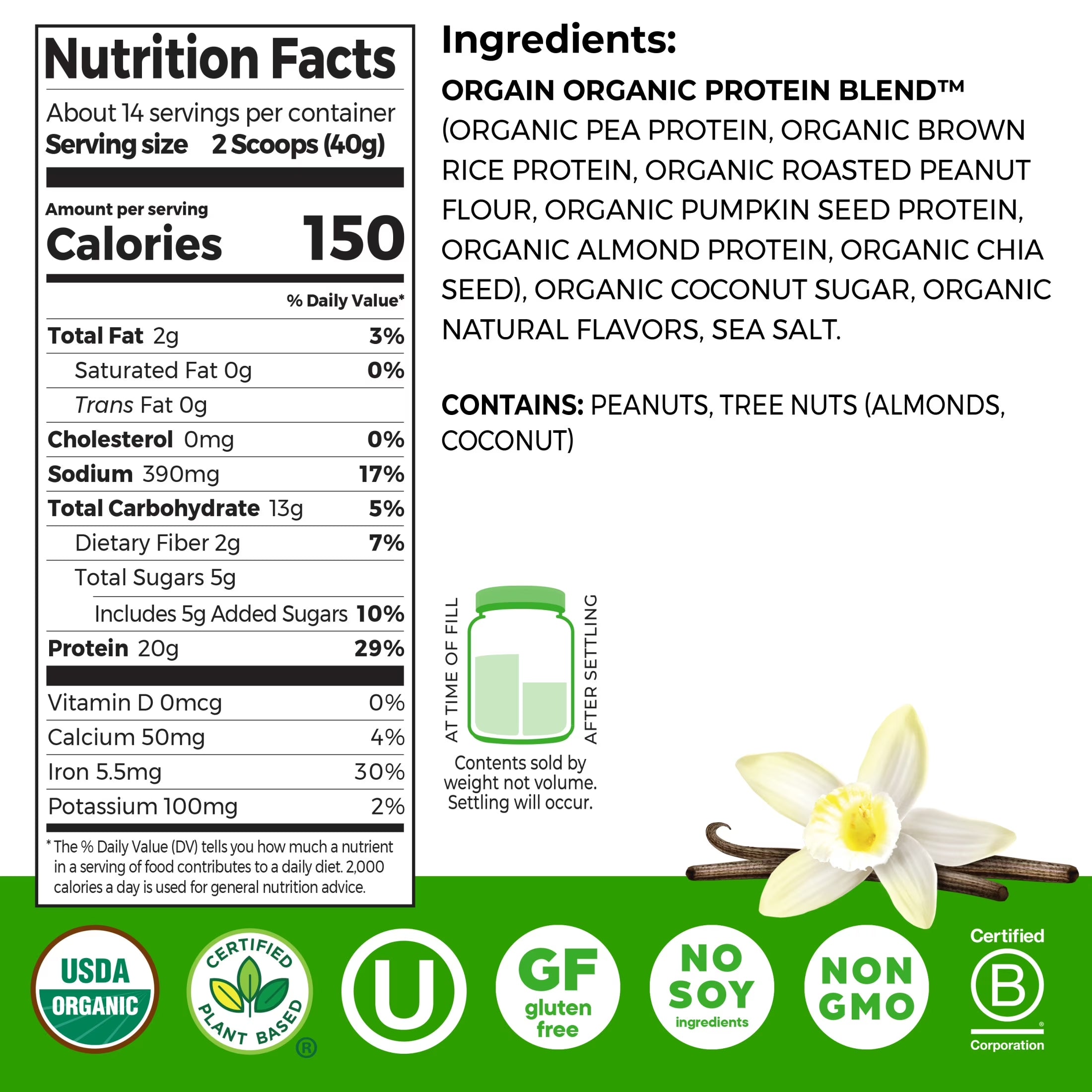 Simple Organic Vegan 20G Protein Powder- Plant Based, Non-Gmo, Vanilla 1.25Lb