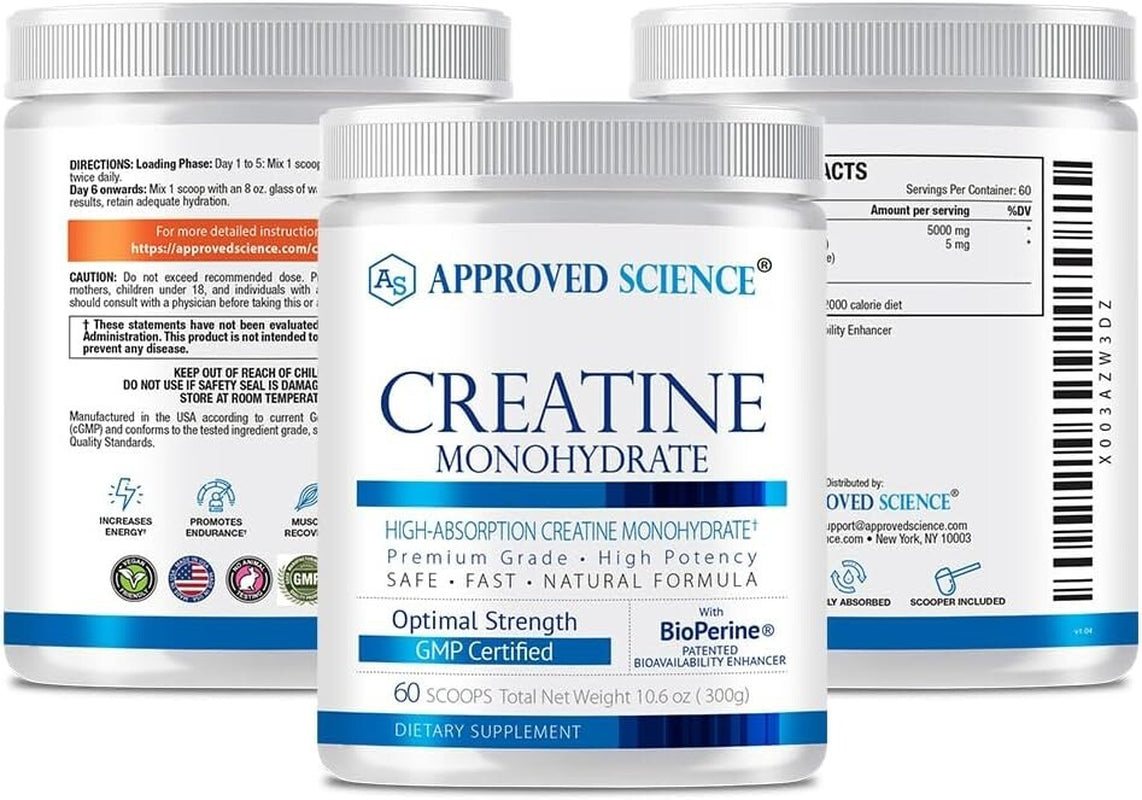Approved Science Creatine Monohydrate Powder with Bioperine - Supports Lean Musc