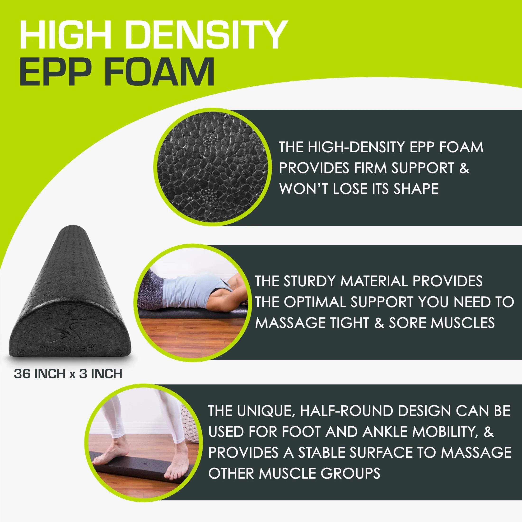 High Density Half-Round Foam Rollers 12”, 18", 36" Black