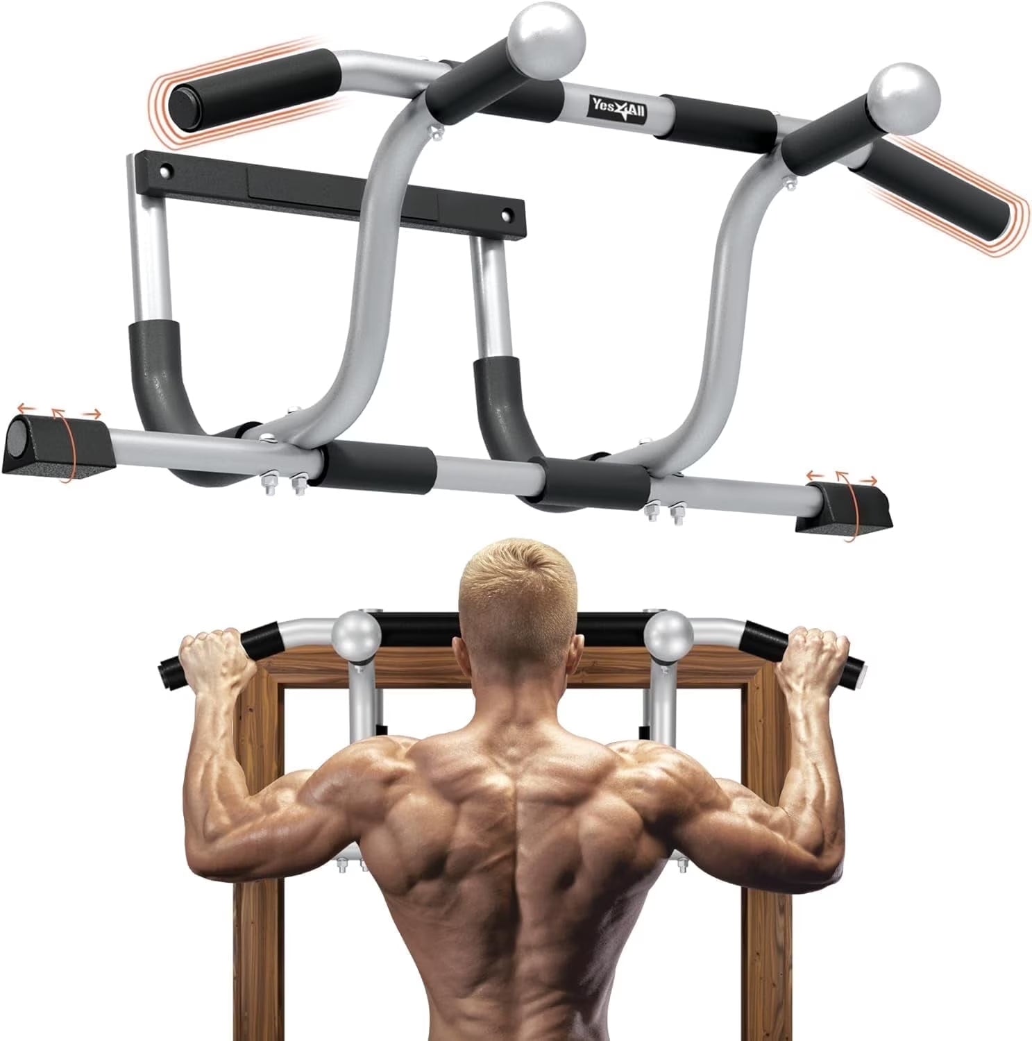 Heavy Duty Steel Elevated Door Pull up Bar, Adjustable Pull up Bar for Doorway of 24 to 36 Inch, Multi-Grip for Different Muscle Groups, Easy to Install