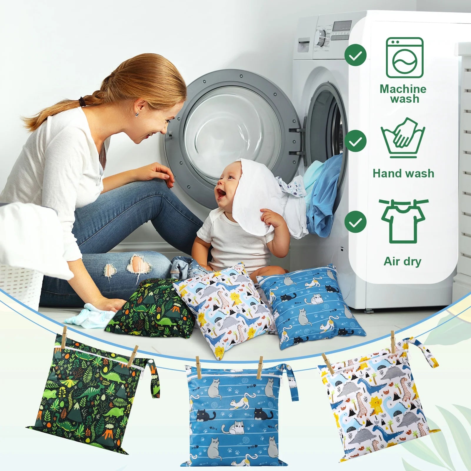 3 Pack Wet Dry Bags, Mess Proof and Waterproof Travel Bags, Diaper Bags with Cartoon Print for Baby, Dinosaur, Cat,11.8"X11" Reusable Storage Bags for Daycare,Travel,Swimming
