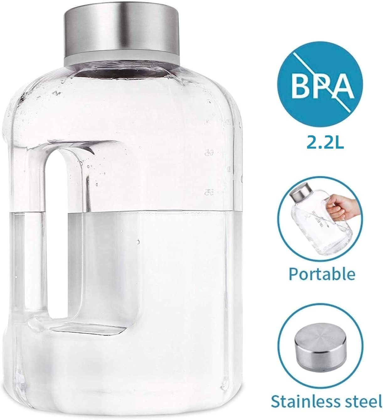 Half Gallon Water Bottle with Handle BPA Free Sports Water Bottles 74Oz Large Plastic Water Jug 2.2L Motivational for Outdoor Hiking Camping Running (Clear)
