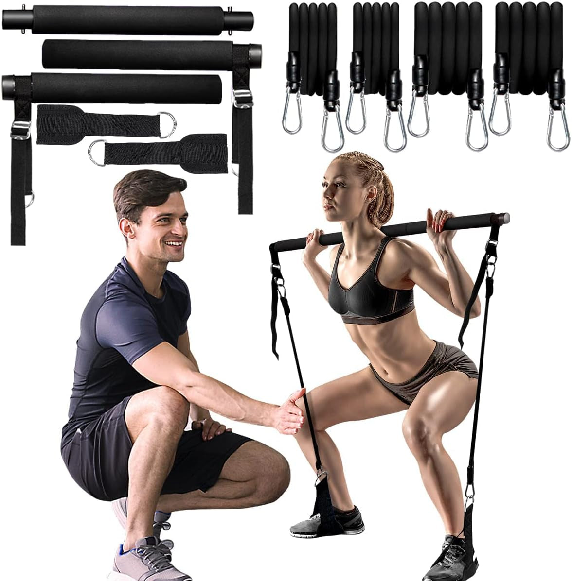 Adjustable Pilates Bar Kit with Resistance Bands,Portable Yoga Exercise Sticks&2 Sets Stackable Resistance Bands for Toning Muscle,Legs,Butt.Stretched Fusion Pilates Home Gym,Full Body Workout