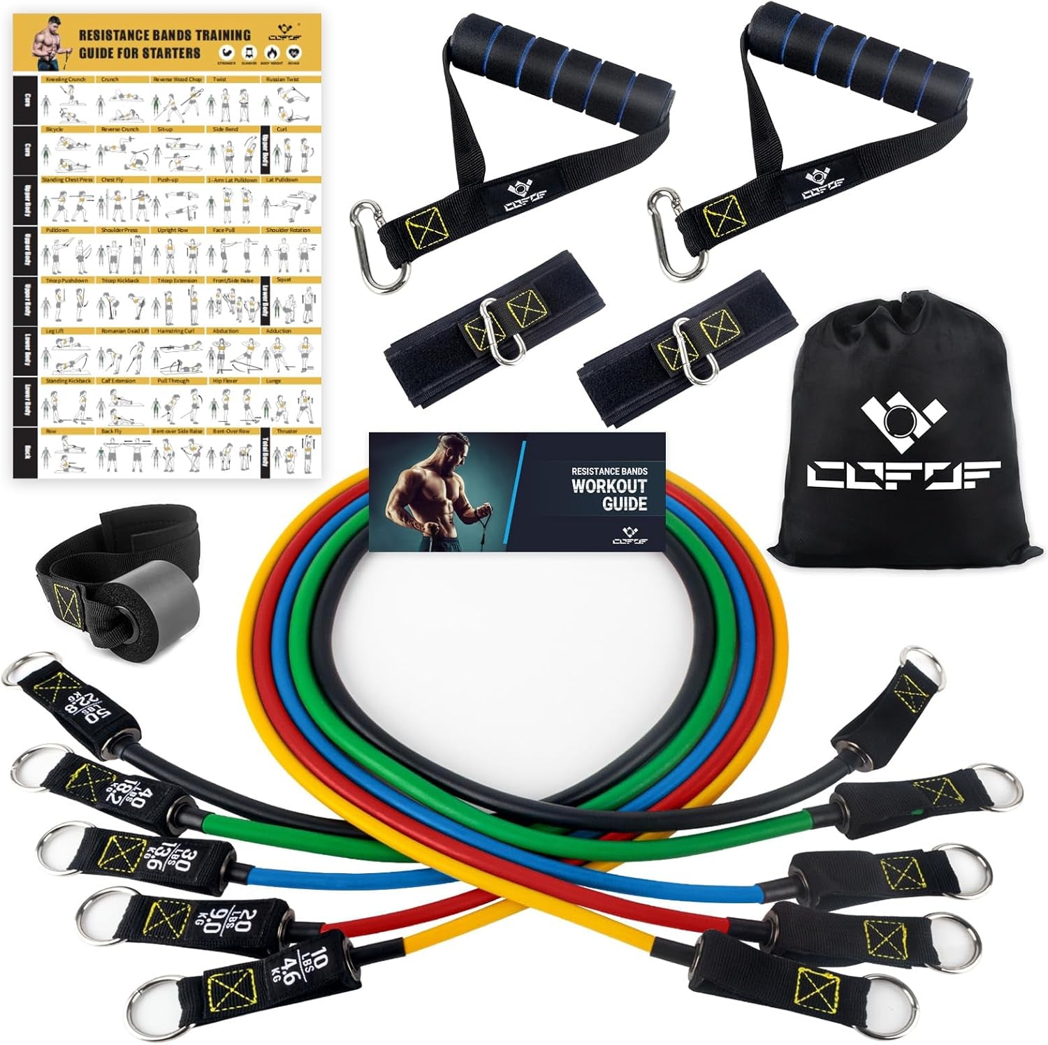 Resistance Bands Set with Yellow Handles, Exercise/Workout/Fitness Bands with Door Anchor, Legs Ankle Straps for Resistance Training,Physical Therapy,Home Gym Workout