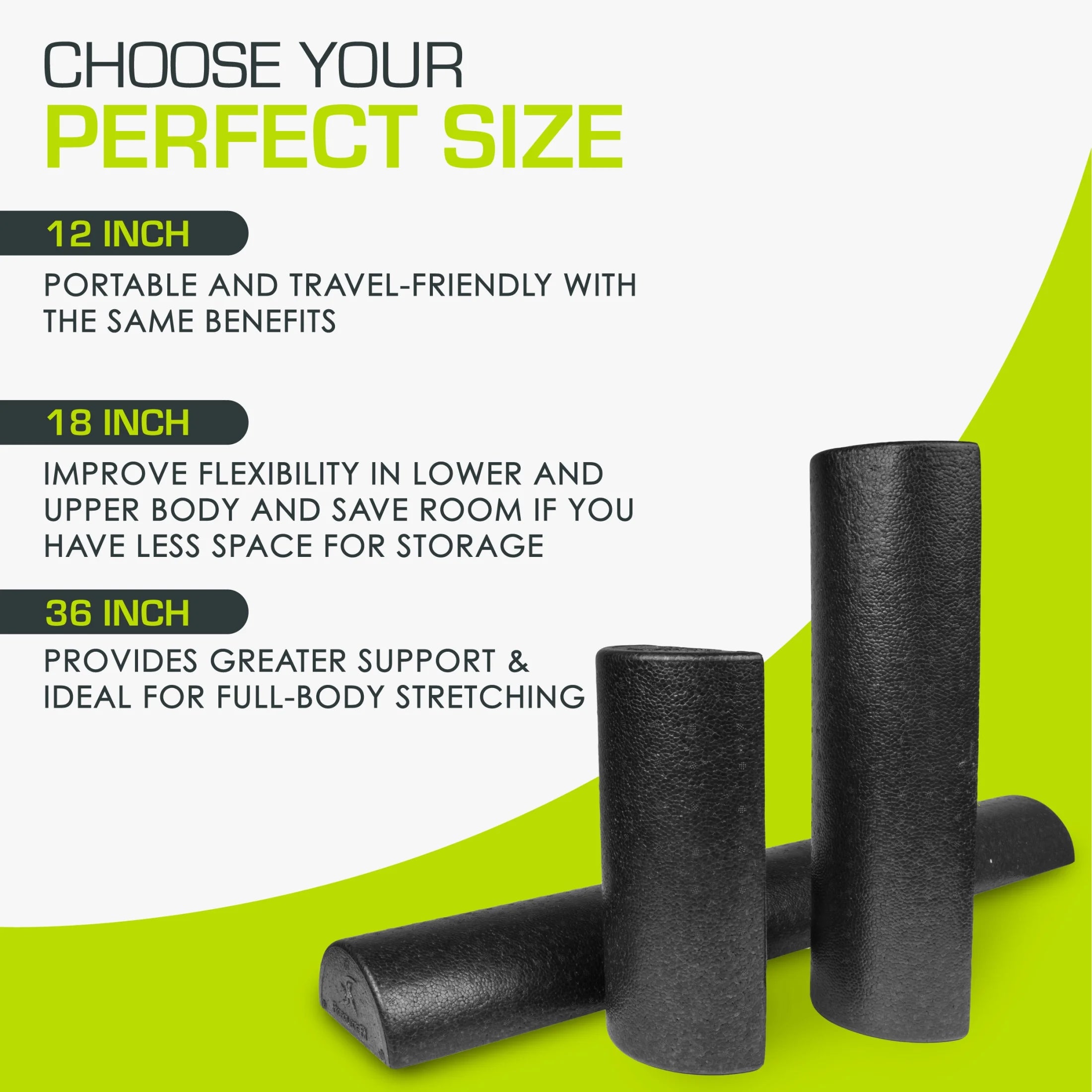 High Density Half-Round Foam Rollers 12”, 18", 36" Black