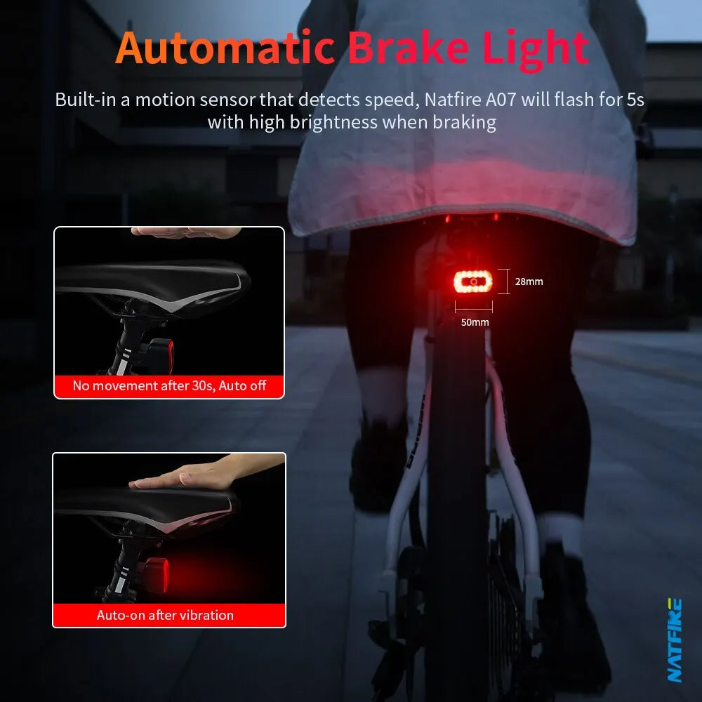 A07 Smart Bike Tail Light Brake Sensing Rear Lights Auto on off USB C Rechargeable Safety Warning Cycling Lights