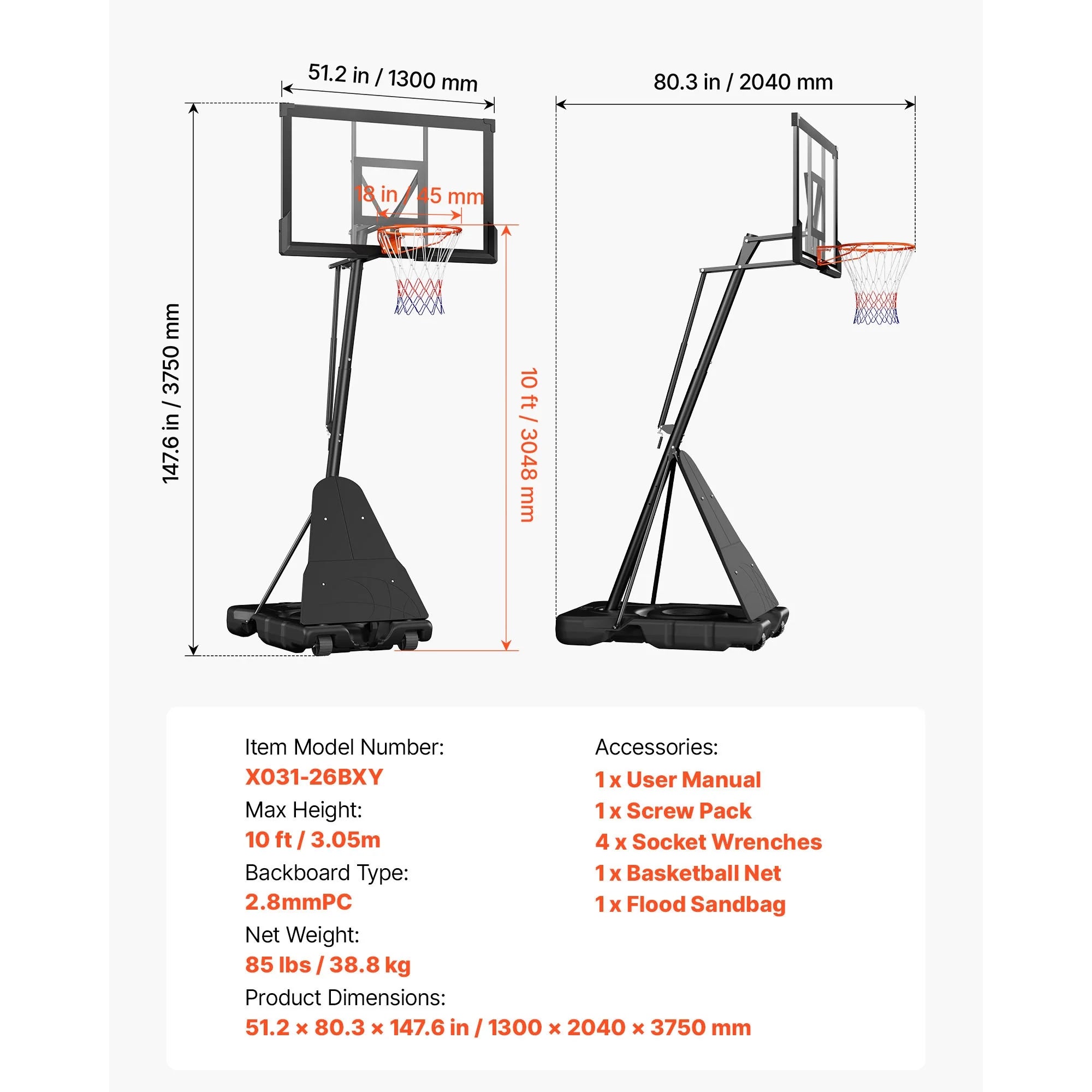 Portable Basketball Hoop with Adjustable Height Outdoor – 10 Ft, 85 Lbs