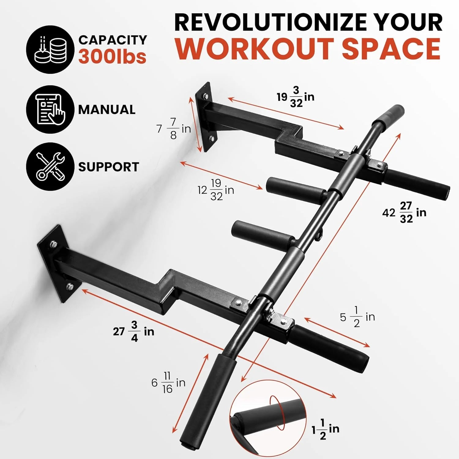 Wall Mounted Pull up Bar, Steel 16 & 24 In