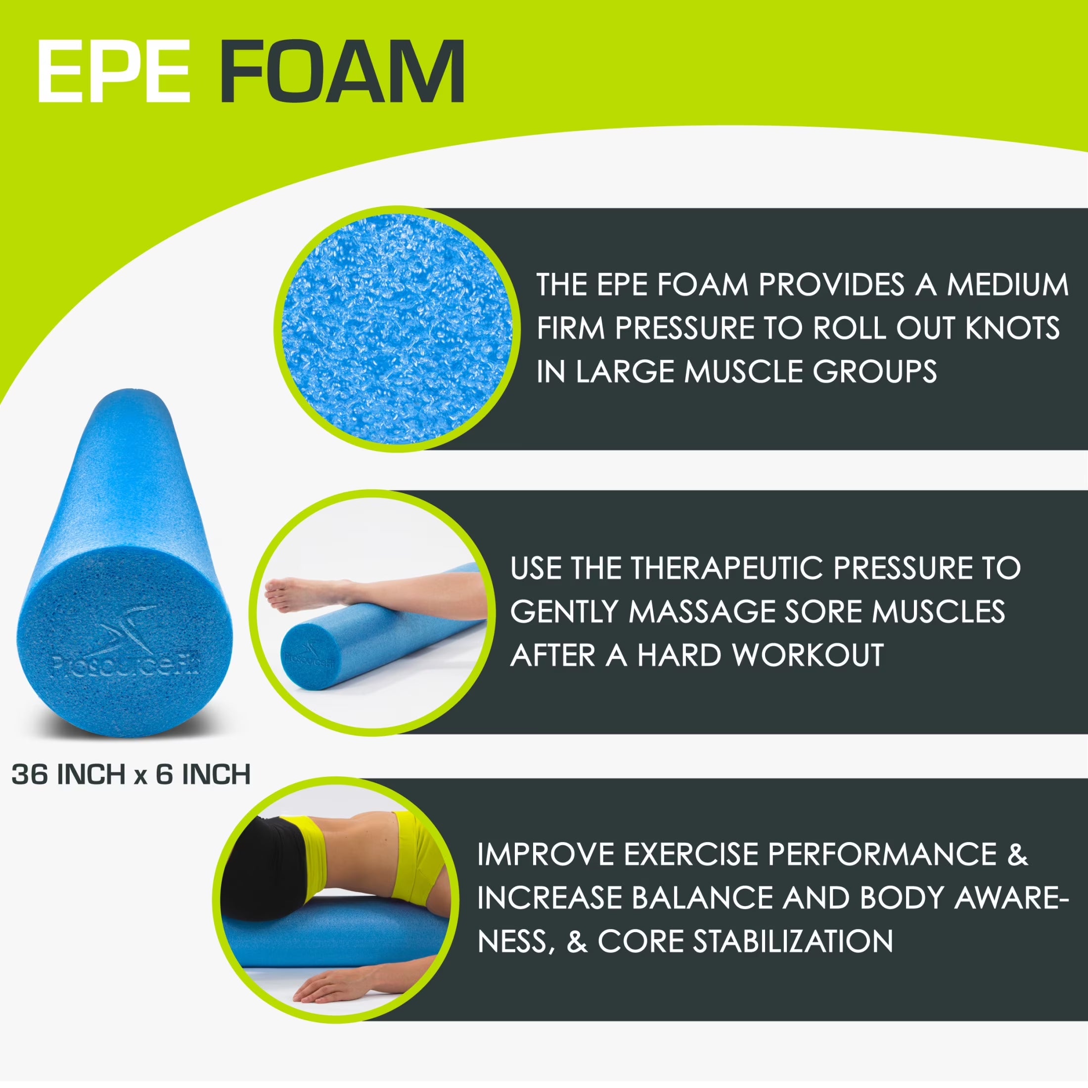 Flex Foam Rollers, Full and Half, 36"L or 12"L for Muscle Therapy (MFR), Core Stabilization and Balance Exercises