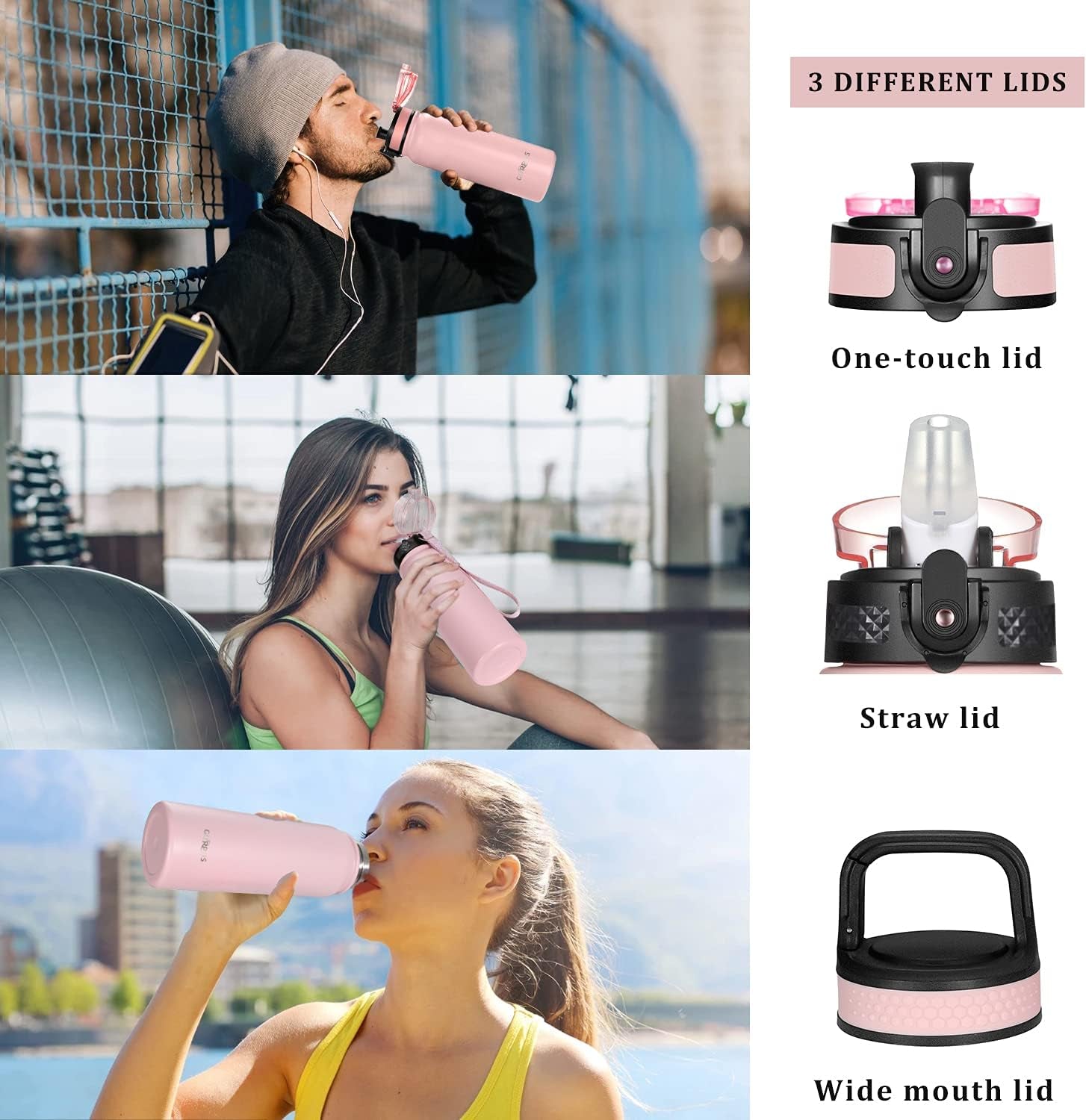 Kids Water Bottle with Straw Spout Wide Mouth Lid 20 Oz Leak Proof Double Walled Metal Insulated Stainless Steel Sports Water Bottles with Strap Handle Stickers for Boys Girls School(3 Lids)