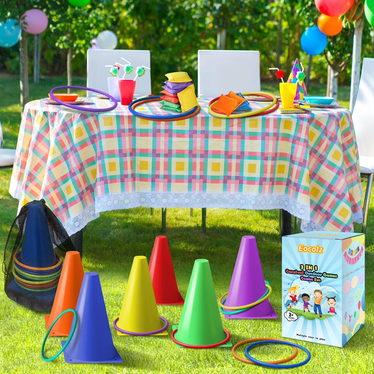 Eocolz 3 in 1 Carnival Games Set, Soft Plastic Cones Bean Bags Ring Toss Games for Kids Birthday Party Outdoor Games Supplies Combo Set 32 PCS