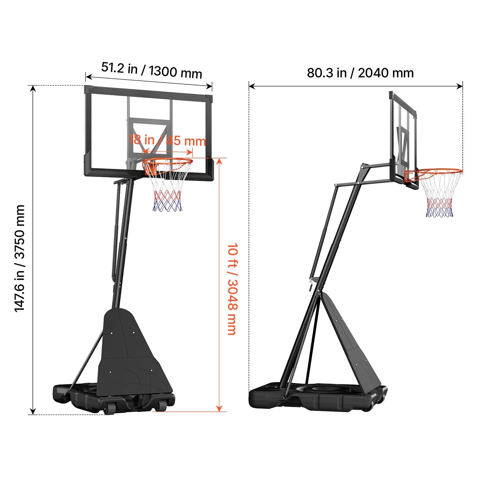 Portable Basketball Hoop with Adjustable Height Outdoor – 10 Ft, 85 Lbs