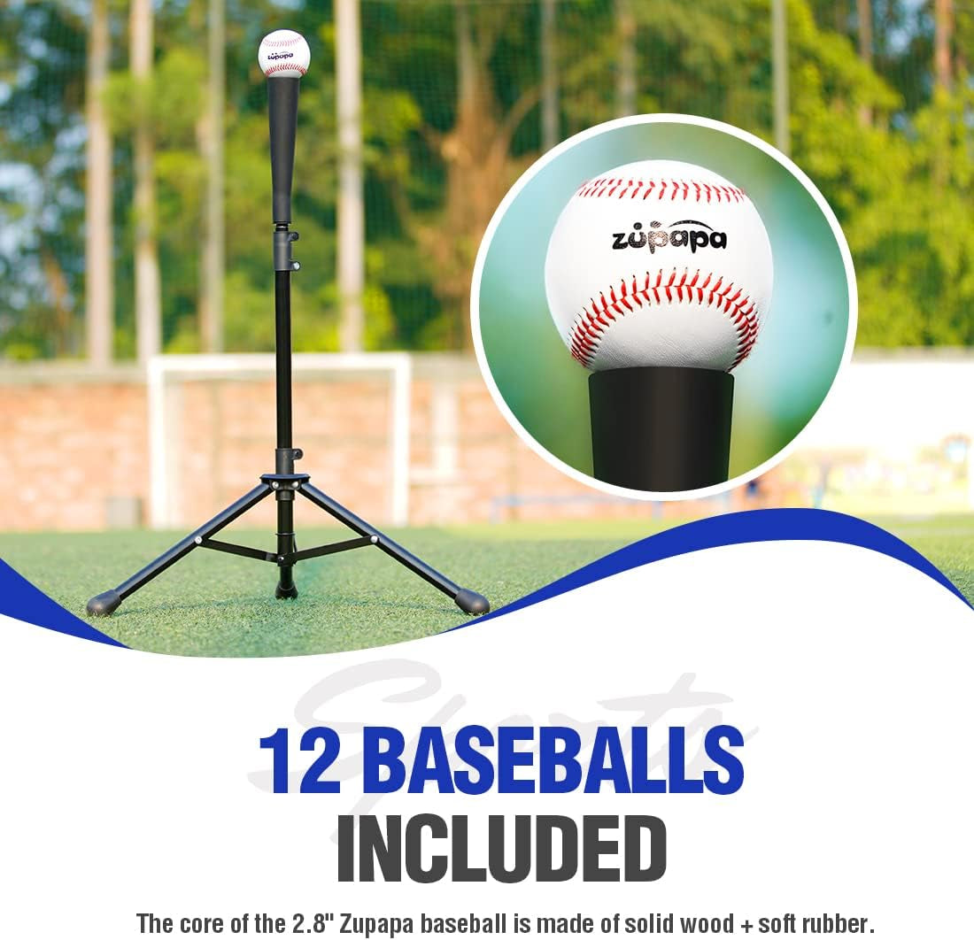 Baseball Softball Practice Combo - 7 X 7 Feet Net Tee Caddy 12 Pack Baseballs Set, Upgraded Vivid Strike Zone, Baseball Backstop Practice Net for Hitting Pitching Batting Catching