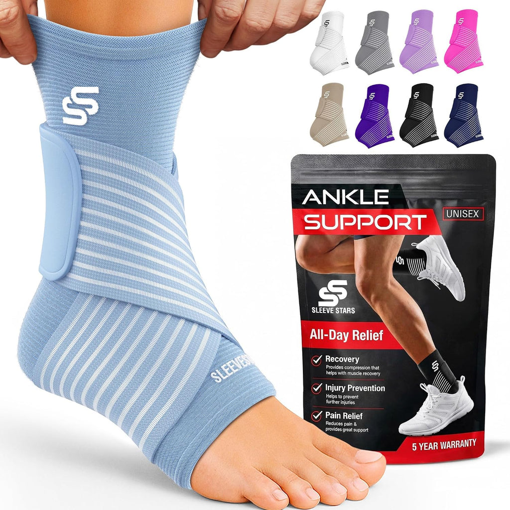 Sleeve Stars Ankle Brace for Women & Men, Ankle Wrap for Sprain, Compression Sleeve for Plantar Fasciitis Relief, Easy Customizable Support: W/ Removable Strap (Single/M:10"-12"/Light Blue)