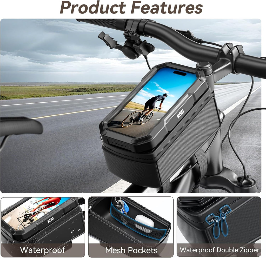 Bike Front Frame Bag with Waterproof Phone Holder, Mountain Cycling Storage Pouch, Handlebar Bag with Phone Mount, Bicycle Accessories for Top Tube, Fit for Iphone 17 Pro Max, Cellphone under 7''