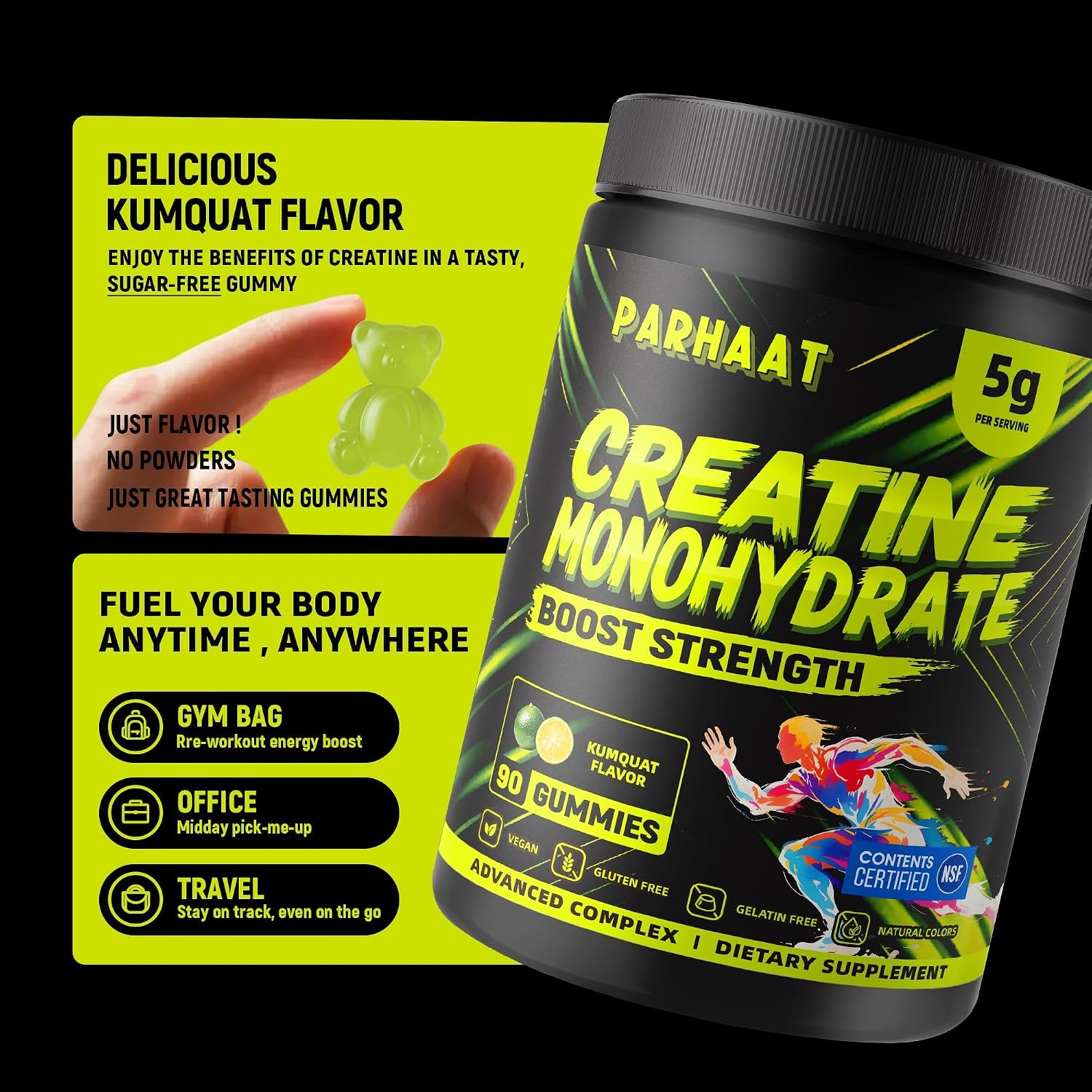 NSF Certified Creatine Gummy - Creatine Monohydrate Gummies 5G for Men & Women - Boost Focus,Strength, and Endurance, Vegan, Gluten-Free, Non-Gmo, 2.5 Gram Creatine per Gummy (Kumquat 90 Ct)