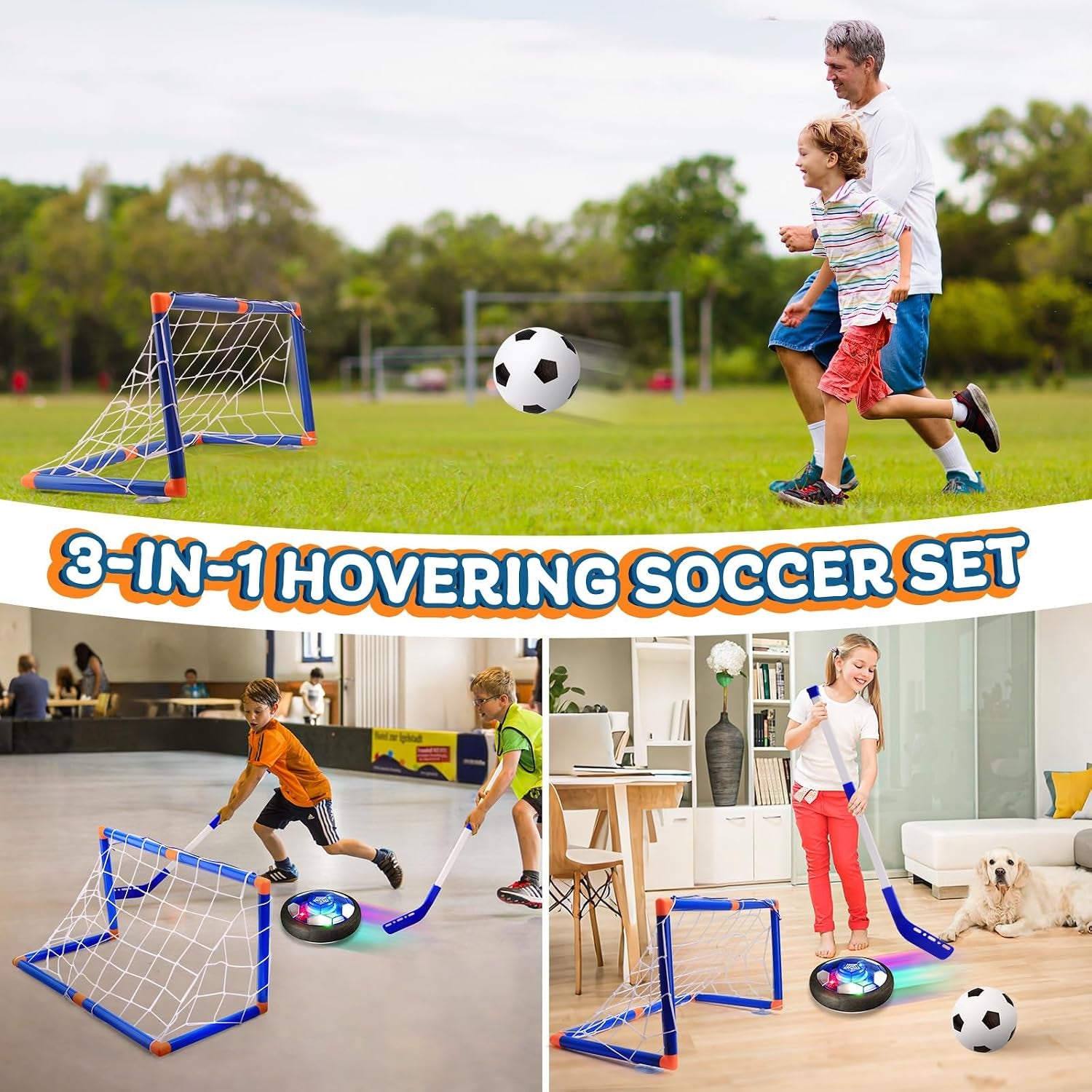 3-In-1 Hover Soccer Ball, Kids Toddler Hockey Set with LED Lights,Indoor Outdoor Toys for Kids, Soccer Gift for Boys 6-8 8-12, Birthday,Kids, Boys Girls Age 6, 7, 8, 9, 10, 11, 12