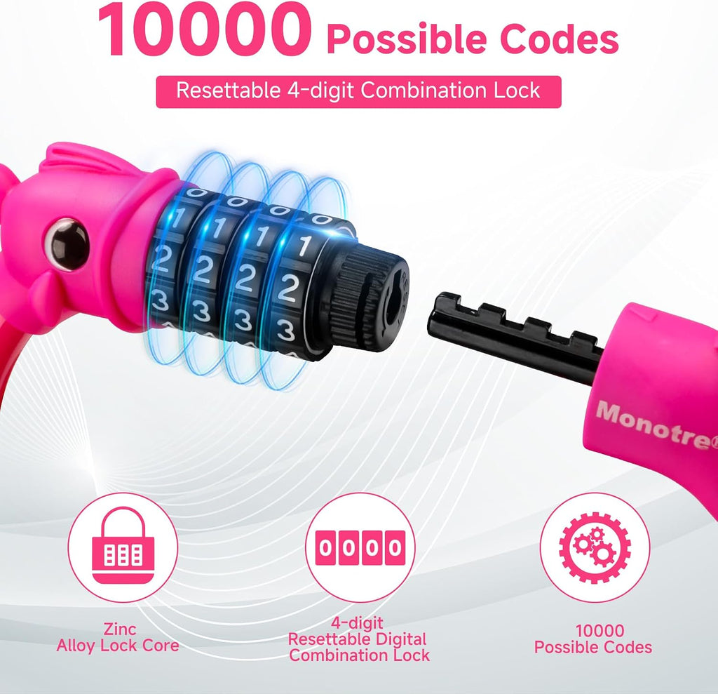 Bike Lock, 3.9 Feet 4-Digit Resettable Combination Password Anti-Theft Cable Lock, Cute Coiled Bike Lock with Mounting Bracket, Suitable for Bicycles, Electric Scooters, Ebikes (Pink-10Mm)