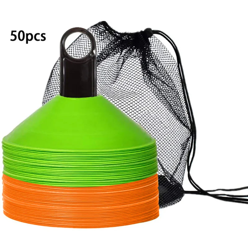 Set of 50 Agility Soccer Cones with Carry Bag Logo Disc and Holder for Training Football Kids Sports Field Cone Markers