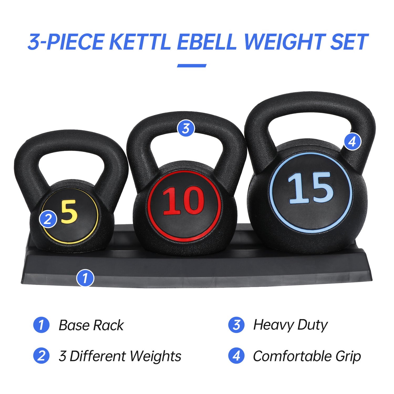 3-Piece Kettlebell Set with Storage Rack Exercise Fitness Weights Indoor Gym
