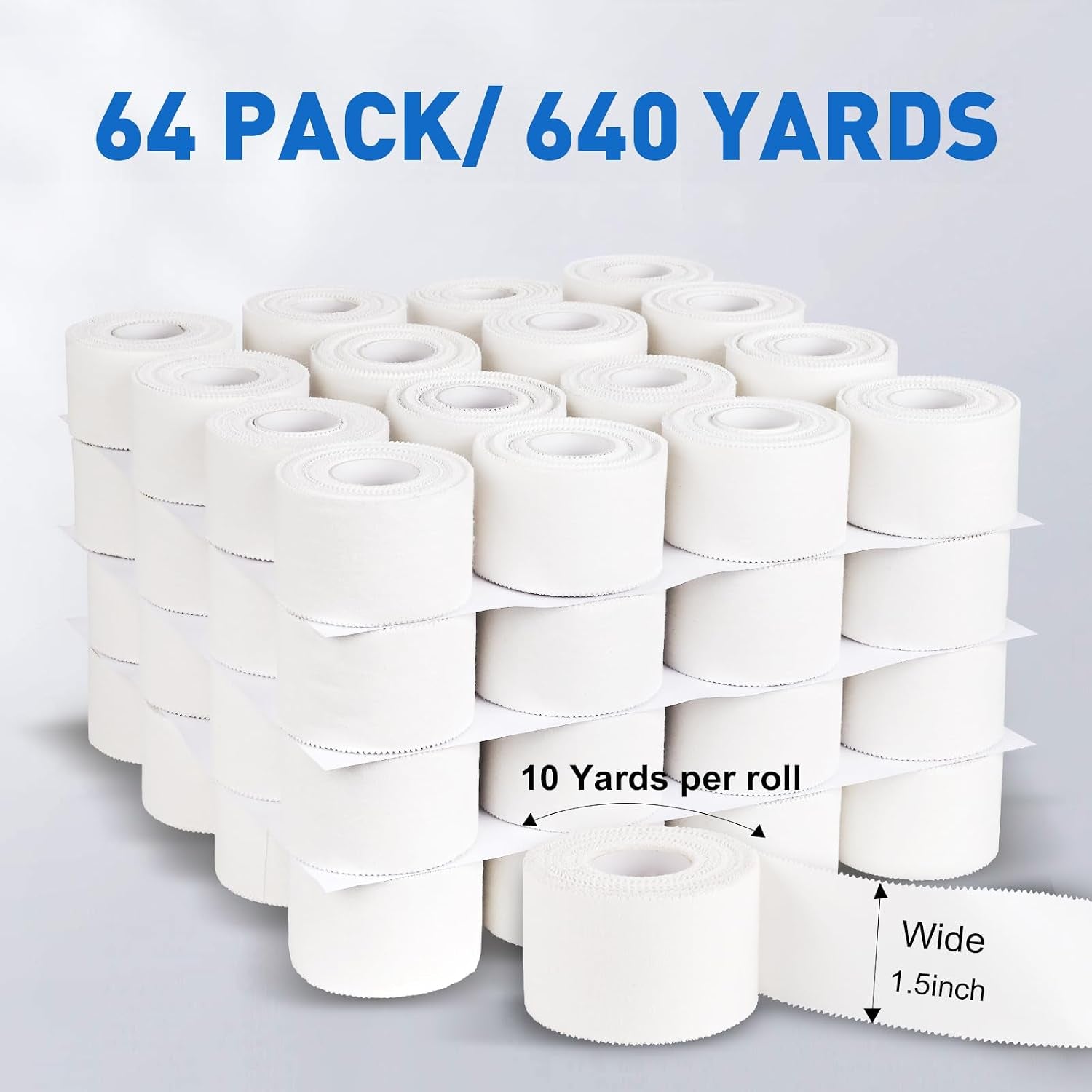 Athletic Tape,White Sports Tape (64 Pack), 640 Yards Rolls Very Strong Easy Tear NO Sticky Residue Best Tape for Gymnastics Climbing Bat Injuries Medical (1.5 Inch X 640 Yards).