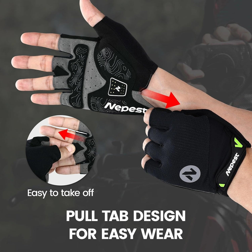 Road Cycling Gloves Gel Padded Absorbing Fingerless Breathable | Moisture-Wicking, Stretchy, Pull Tabs, Anti-Slip Grip, Adjustable Wrist Closure, Reflective, Gravel, MTB