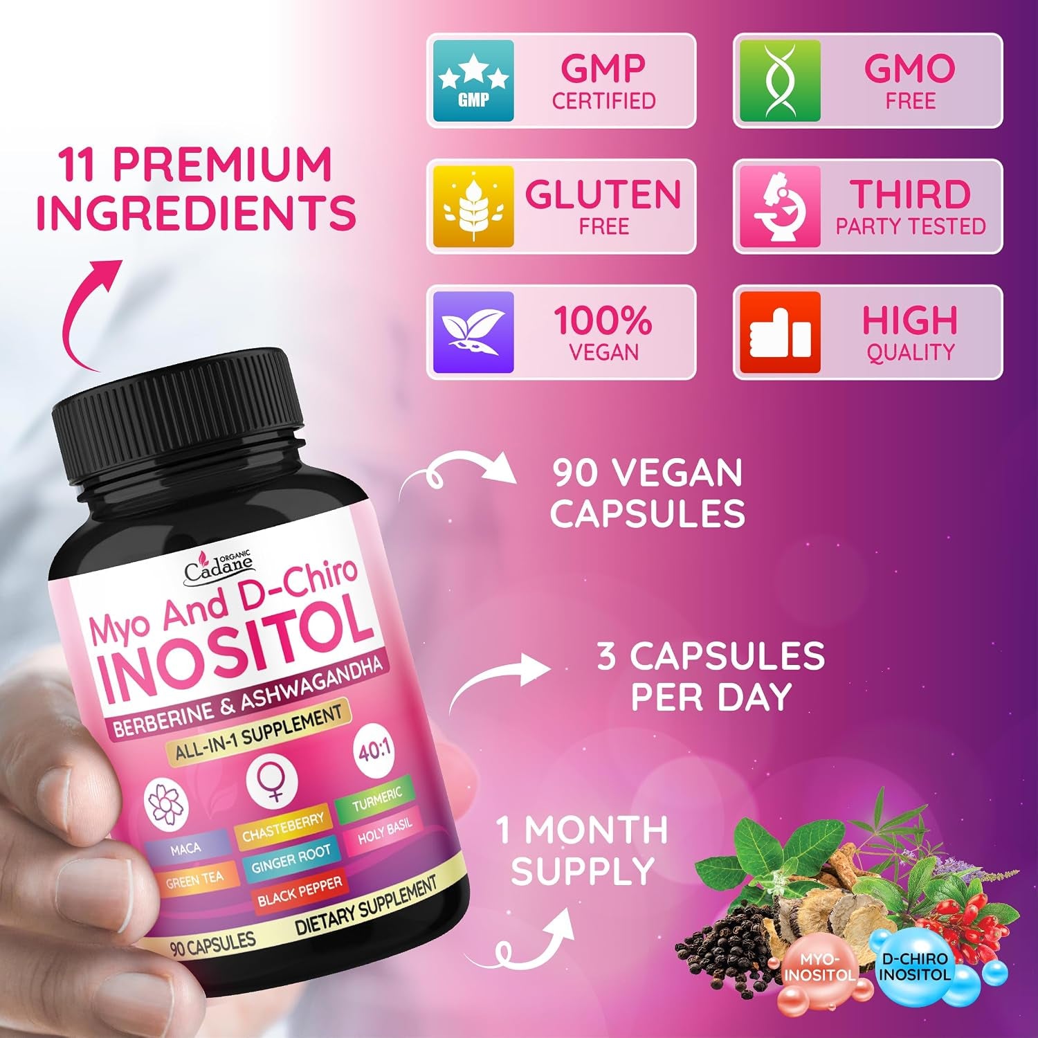 Myo and D-Chiro Inositol Capsules for Women | with Berberine, Ashwagandha, Maca, Chasteberry & 6 More | Cycle Regularity, Body Management | Vegan, Non-Gmo - 90 Capsules
