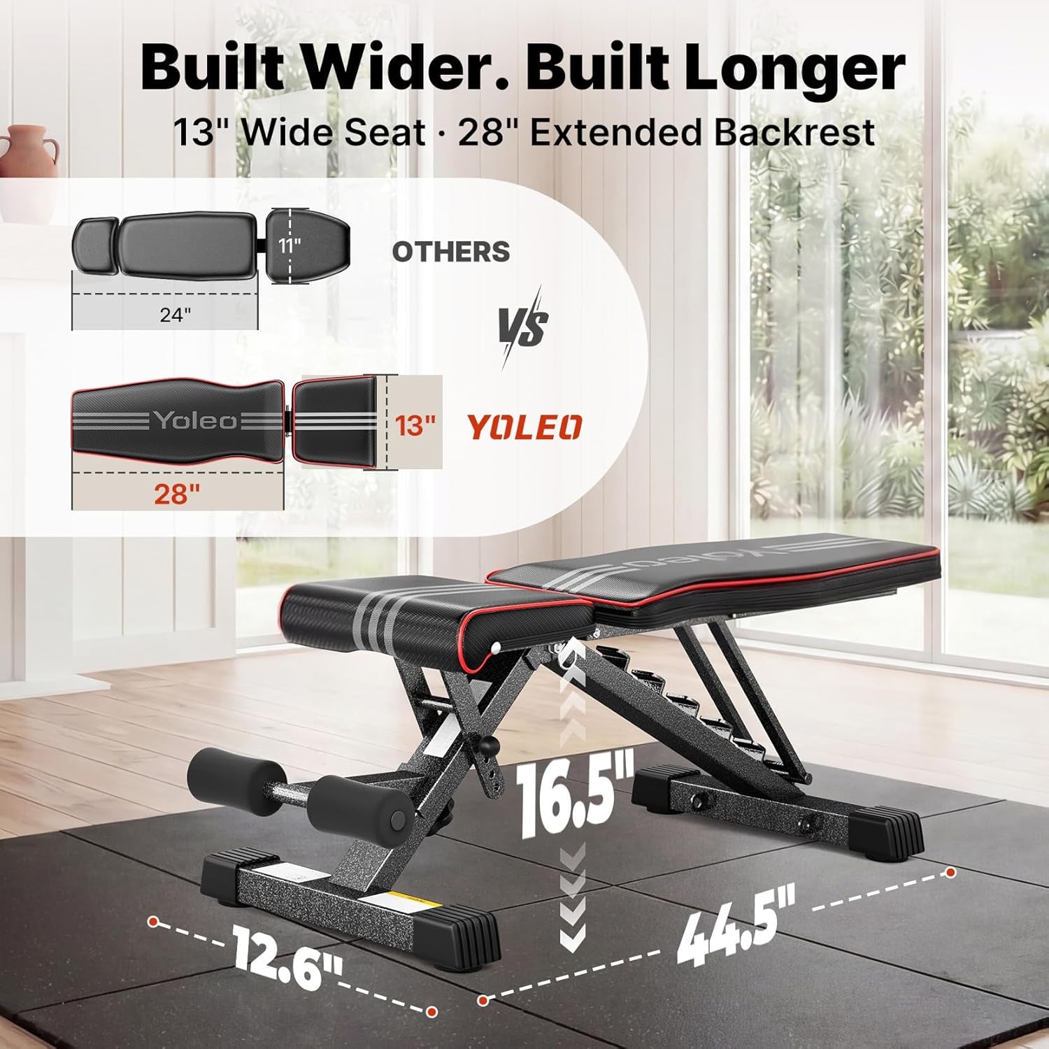 Adjustable Weight Bench for Home Gym, Astm-Certified 827LBS, 98% Pre-Assembled, Foldable Gym Bench with 84 Positions Incline Decline Flat, Wider Seat