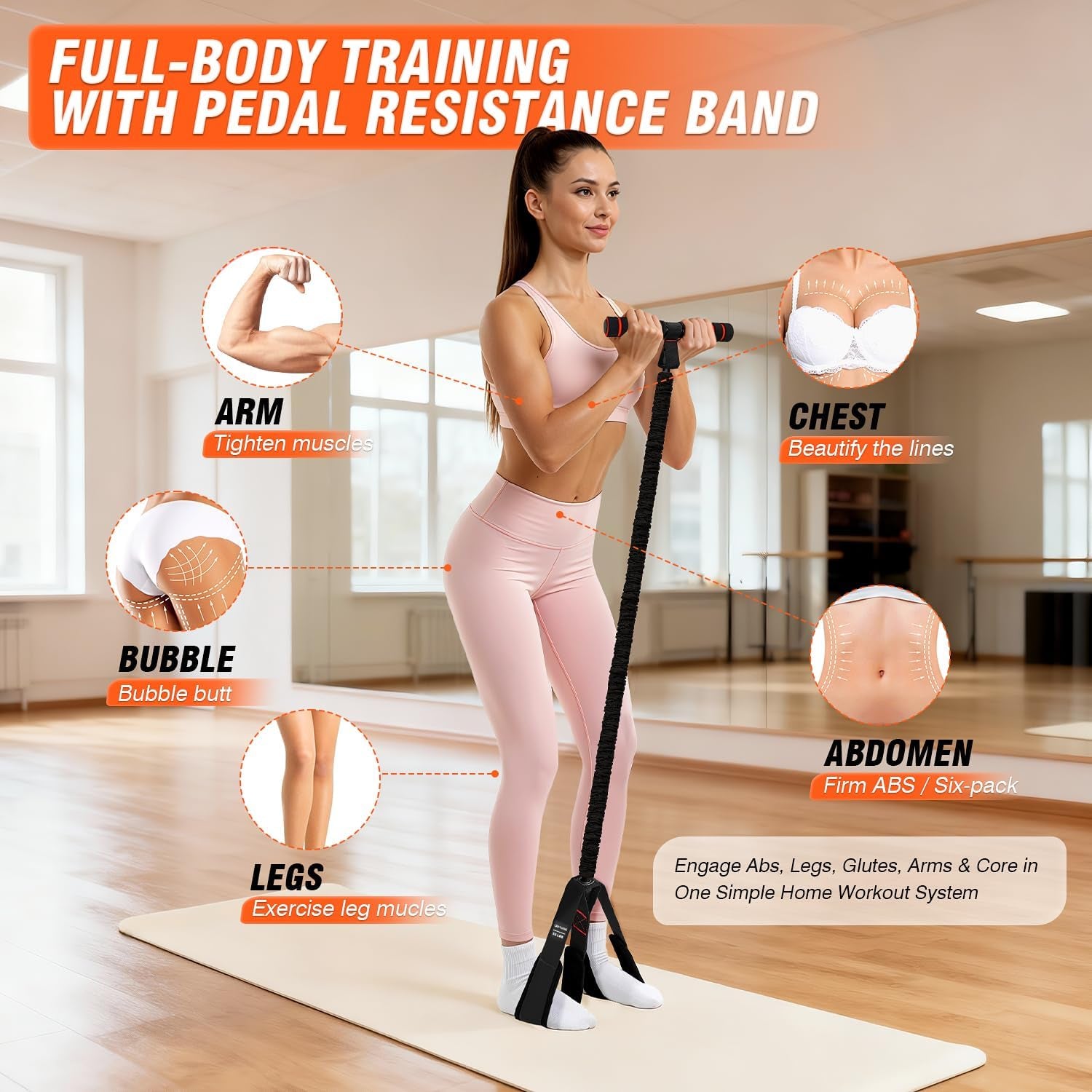 Pedal Resistance Bands with Handles, Upgrade Women Exercise Bands for Full Body Training, Core, ABS, Legs, Glutes, Arms, Pilates, Physical Therapy, Strength, Sit up Equipment for Home Workout