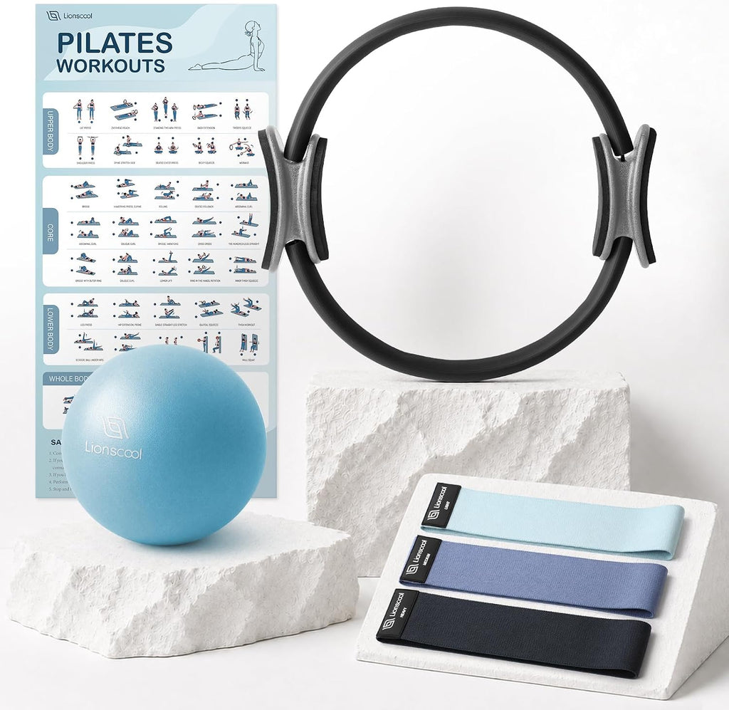 Pilates Ring Set 14" Magic Circle, 9" Mini Ball, Resistance Bands | Foam-Padded Fiberglass Pilates Ring, 400 Lb Anti-Burst Ball, Fabric Bands, Guide, Bag, Pilates Equipment Kit for Home Workout