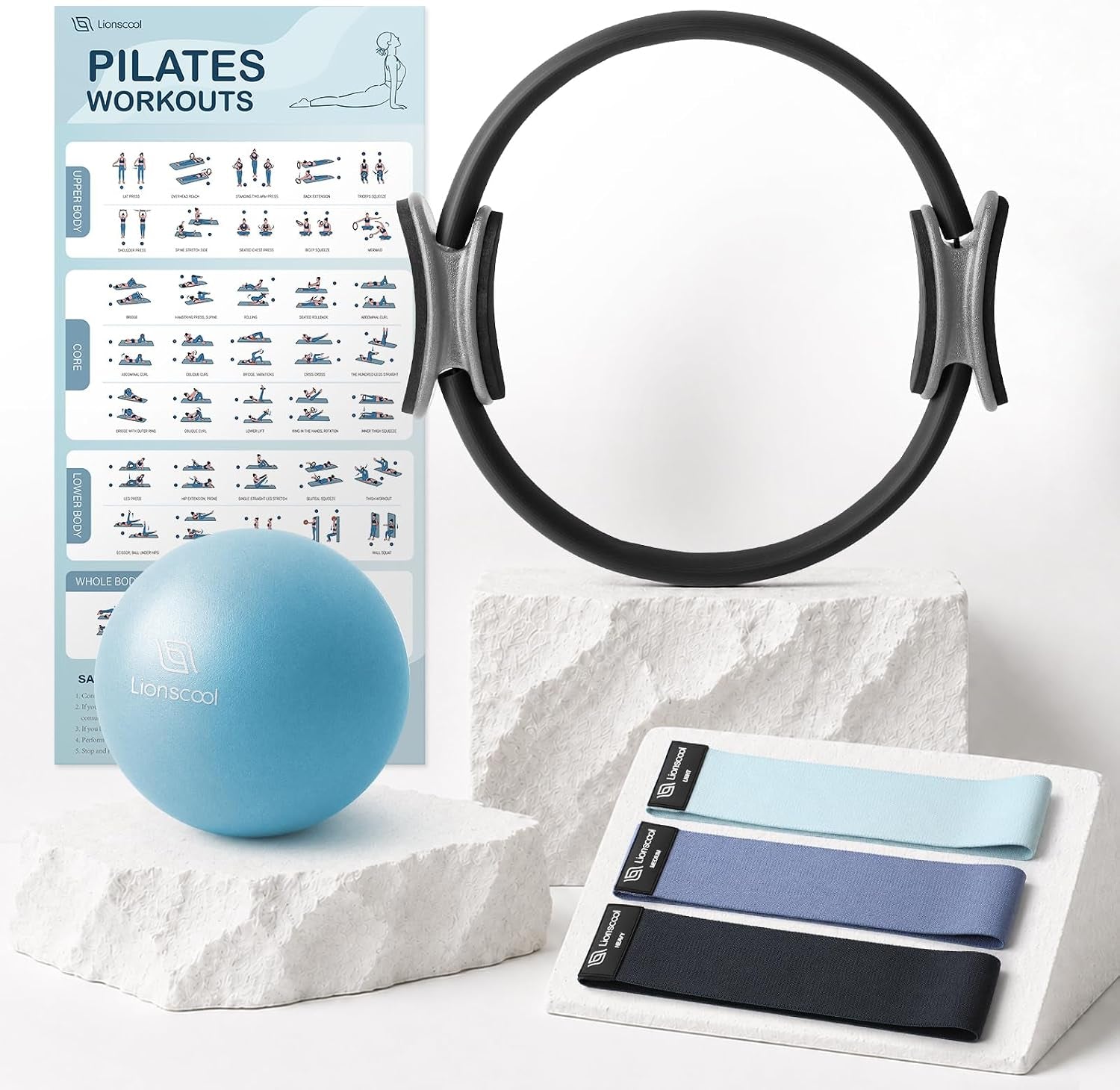 Pilates Ring Set 14" Magic Circle, 9" Mini Ball, Resistance Bands | Foam-Padded Fiberglass Pilates Ring, 400 Lb Anti-Burst Ball, Fabric Bands, Guide, Bag, Pilates Equipment Kit for Home Workout