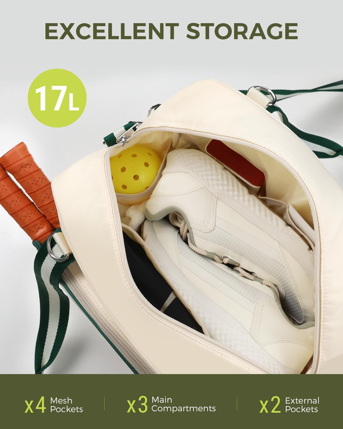 Pickleball Tote Bag for Women Men with Paddle Cover Pocket External Ball Bag and Adjustable Shoulder Strap Fence Hook