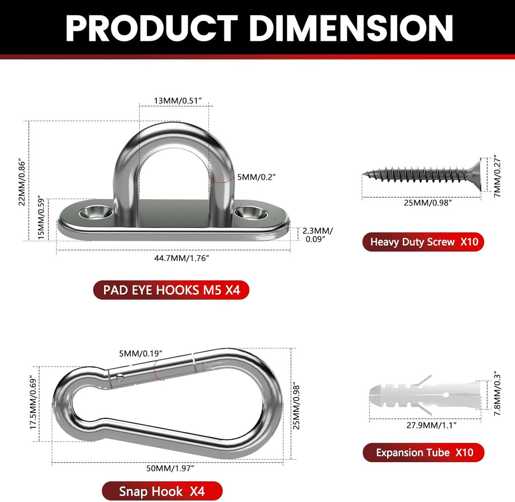 304 Stainless Steel Pad Eye Snap Hook, M5 Ceiling Hook 500Lb,8Pcs | Hanging Kit with Screws for Hammock Chair Swing, Yoga Gym Equipment, Sun Shade Sail, Plant Hangers & Marine Boat Hardware