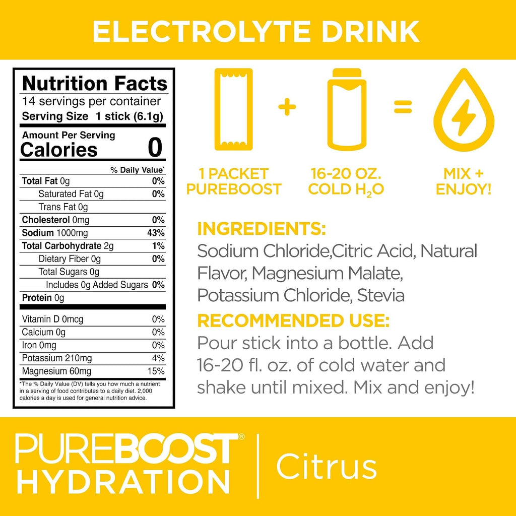 Sugar-Free Electrolyte Hydration Packets, Citrus 14Ct | Zero Calories, Fast Hydration Drink Mix with 1,000Mg Sodium, Potassium & Magnesium