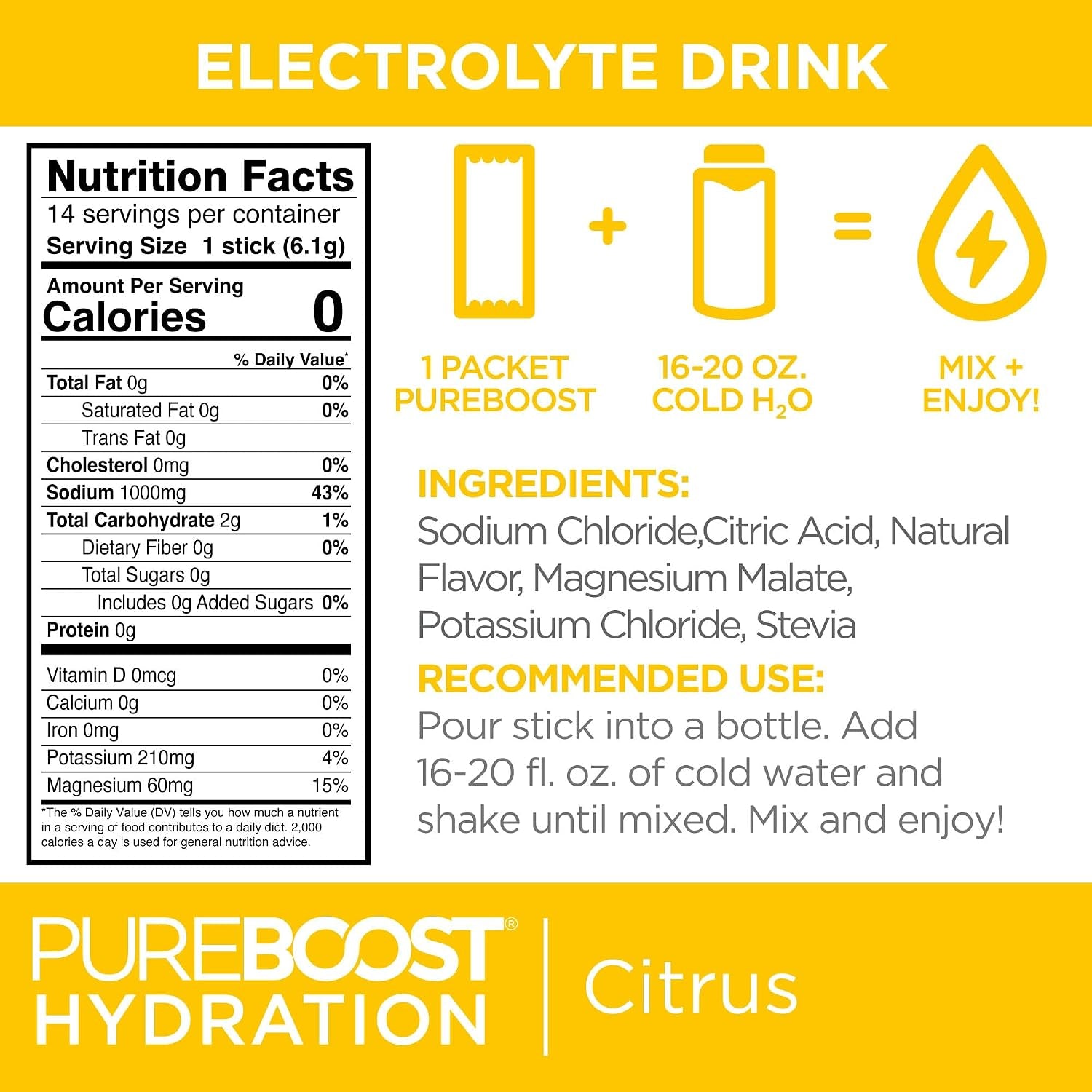 Sugar-Free Electrolyte Hydration Packets, Citrus 14Ct | Zero Calories, Fast Hydration Drink Mix with 1,000Mg Sodium, Potassium & Magnesium